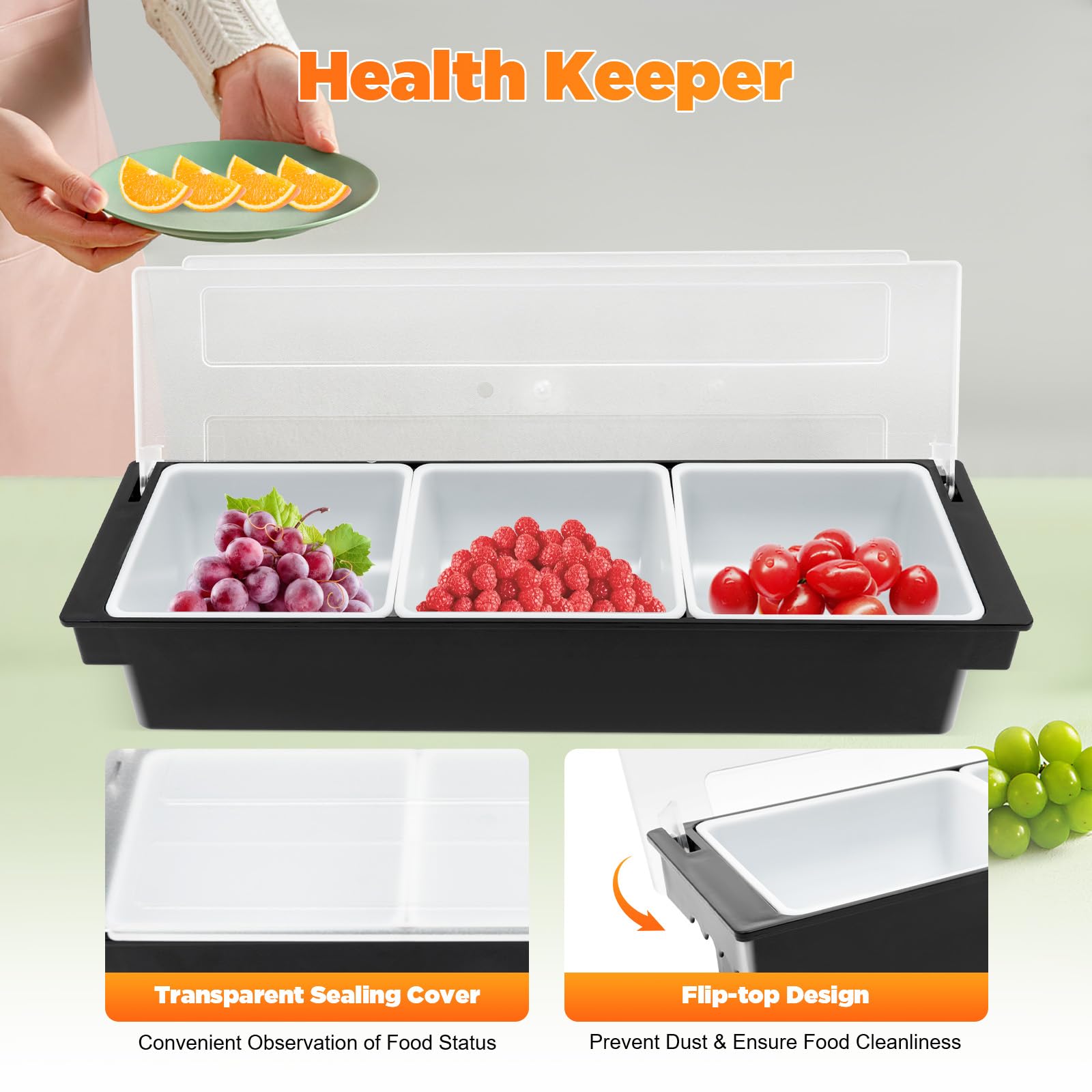 Plateau Distributeur de Condiments Serveur de Condiments avec Couvercle à Charnière Boîte à Fruits Trois Plateaux