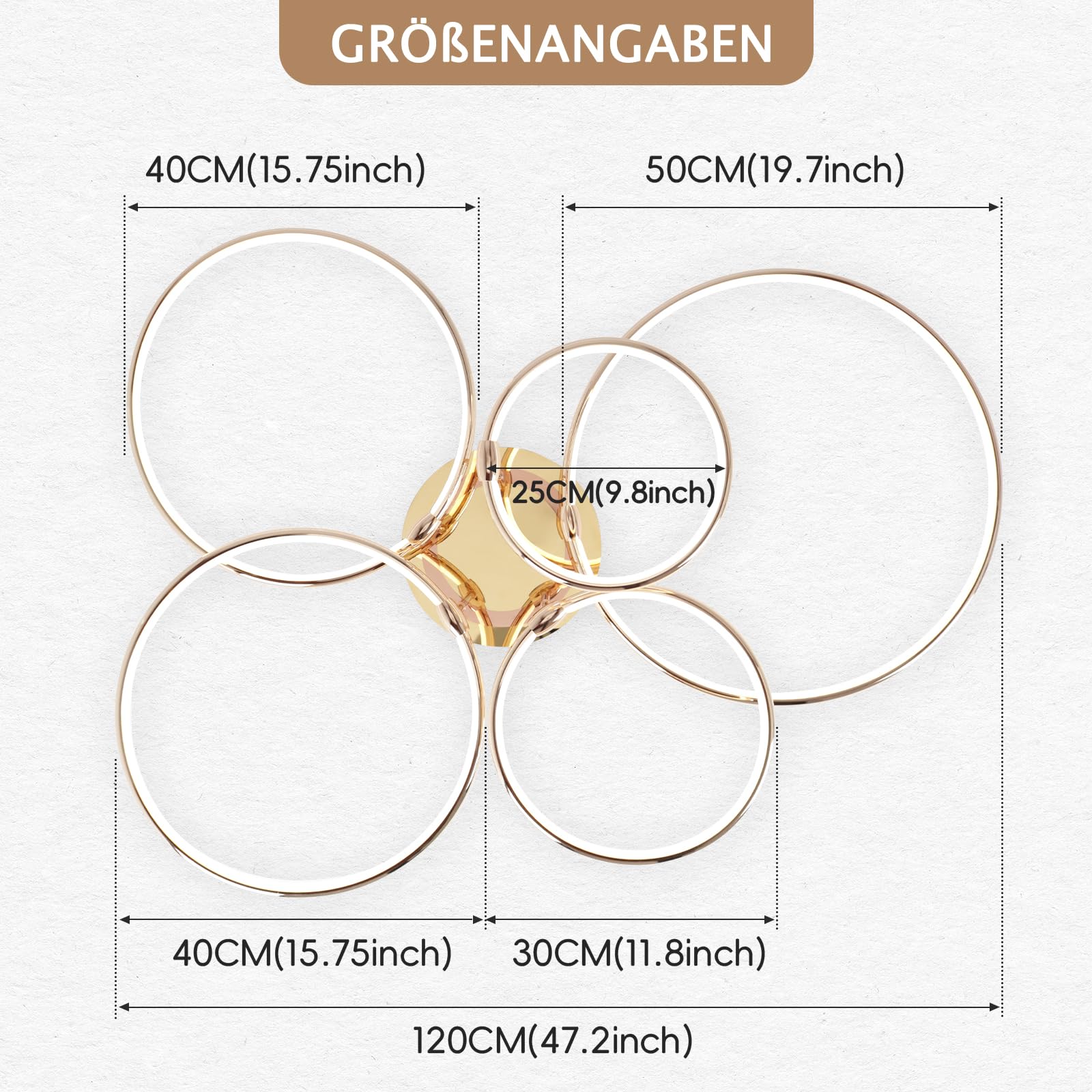 LED Deckenleuchte Modern Design Deckenlampen Gold 5-Ring Lampen Dimmbar Wohnzimmerlampe mit Fernbedienung, Aluminium Led Beleuchtung für Wohnzimmer Schlafzimmer Küche Esszimmer Büro 93cm, 108W…