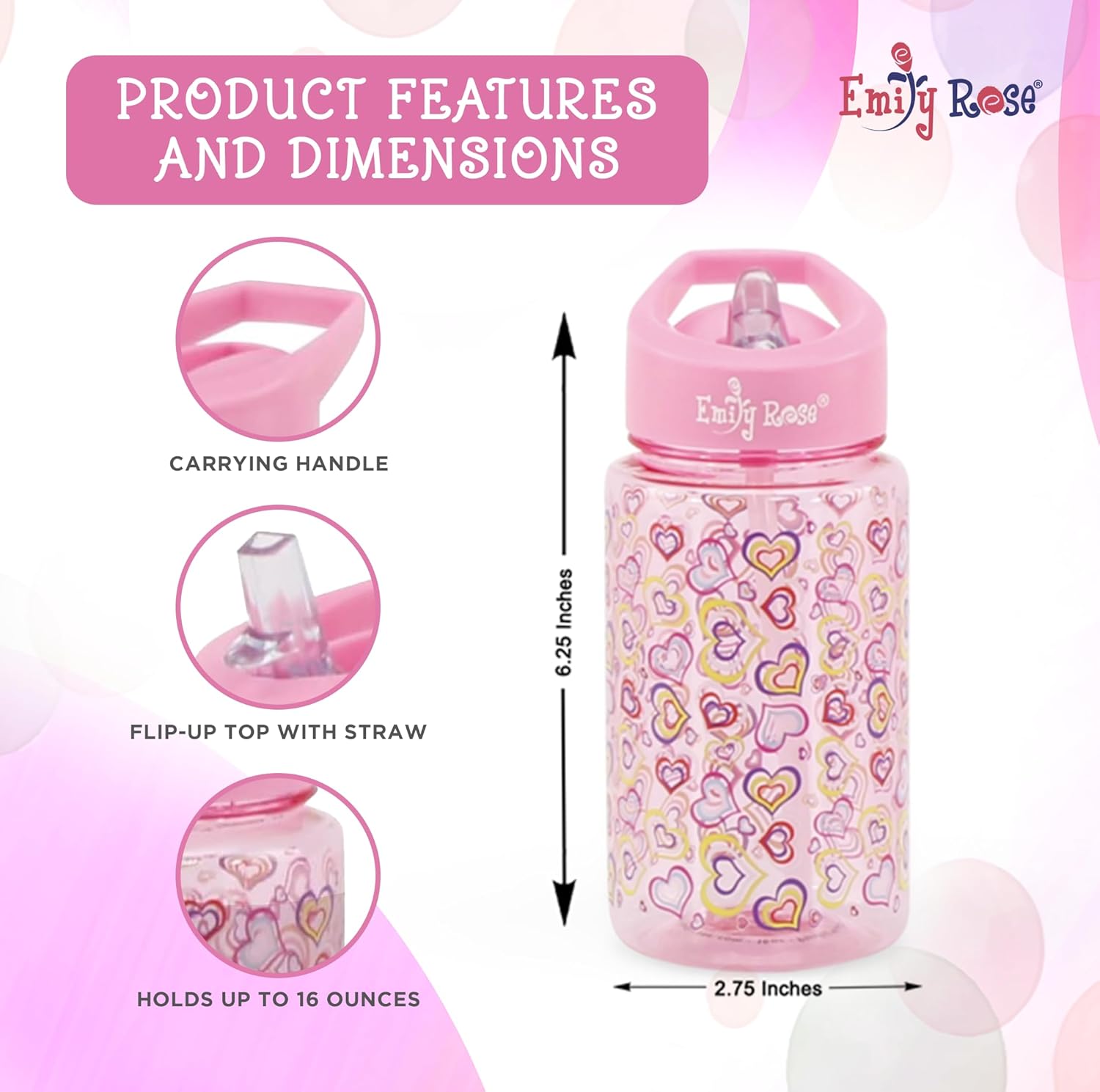 Emily Rose Girls School Set 3-PC Complete Bundle - Insulated Lunch Box + Backpack + Water Bottle with Notebook & Pencils - Ages 3-7 Back to School Supplies BPA Free Pink Hearts