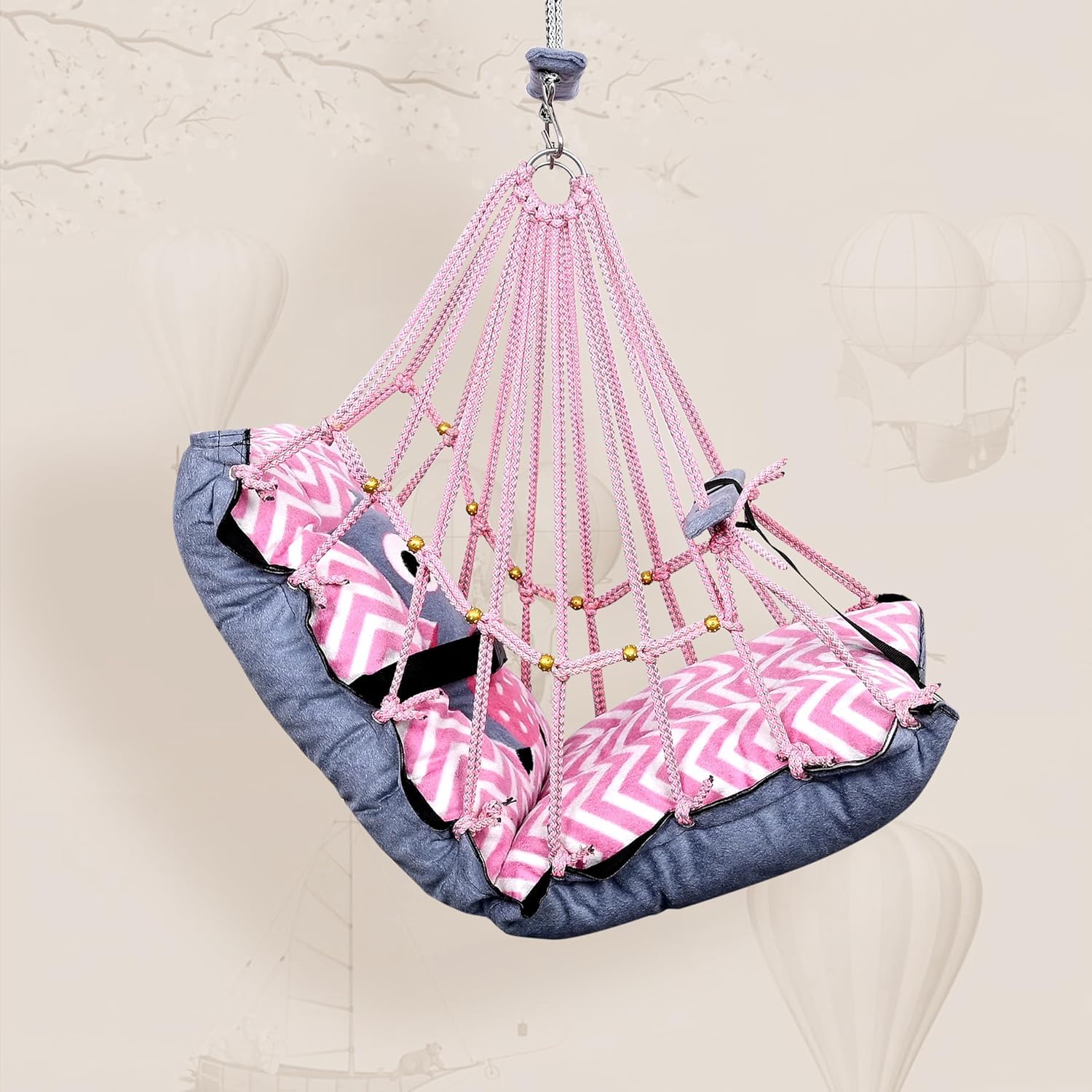 BOFFLE Cotton Swing for Kids 1-2 Years Baby Children Folding and Washable with Safety Belt, Indoor Outdoor Zula, Garden Jhula for Babies, Swing for Kids, oonjal, Swing for Baby Cradle 2
