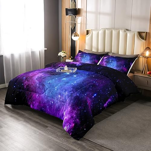 Miniatura 5 de Erosebridal Juego de sábanas de cielo estrellado azul y morado de 5 piezas y edredón de galaxia