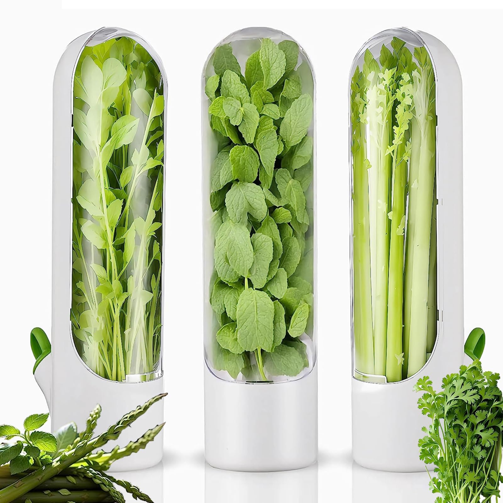 Herb Saver Pod, 3 PCS Herb Keeper for Refrigerator, Cilantro Containers for Refrigerator, Vegetable Preservation Bottle, Fresh Keeper for Cilantro, Asparagus, Lettuce, Keeps Vegetables for 2-3 Weeks