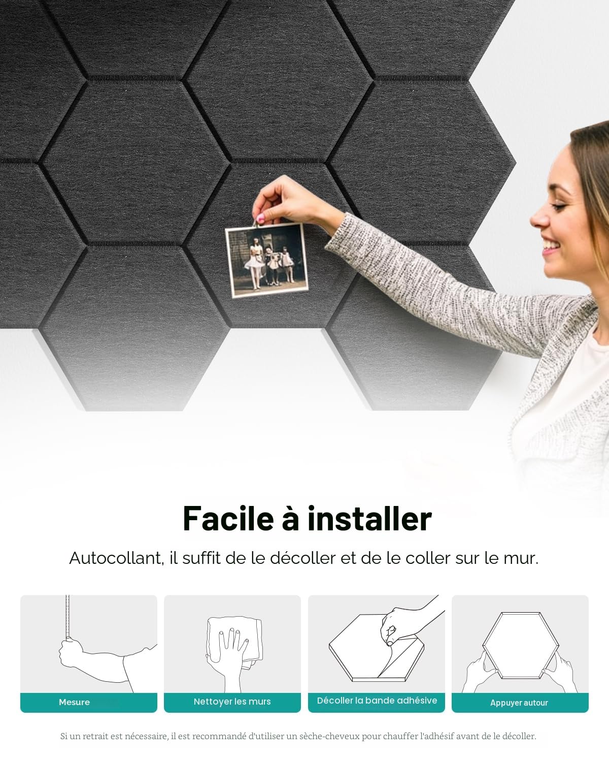 Lot de 18 panneaux acoustiques hexagonaux auto-adhésifs, mur insonorisant haute densité pour décoration murale et traitement acoustique Panneaux insonorisants Noir 30 × 26 × 0,9 cm