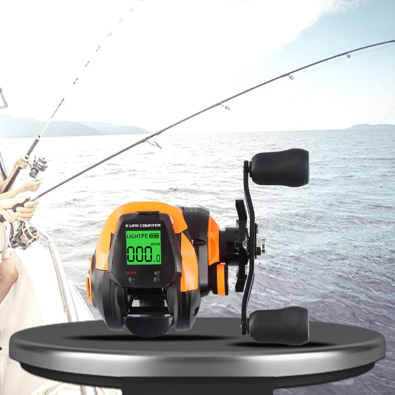 Carrete de pesca con alarma de mordida, carrete de pesca avanzado con pantalla digital, posición de profundidad de alarma de mordida, relación de engranaje 7.2:1, 10 frijoles magnéticos, recargable
