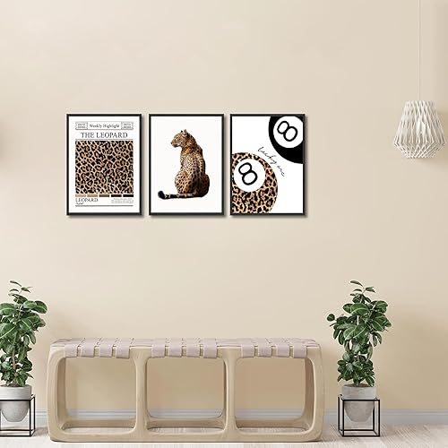 Miniatura 8 de Juego de 3 pósteres de pared de leopardo de moda Funky Lucky 8 Ball, impresiones de decoración de pared de guepardo estético para niñas, dormitorio,