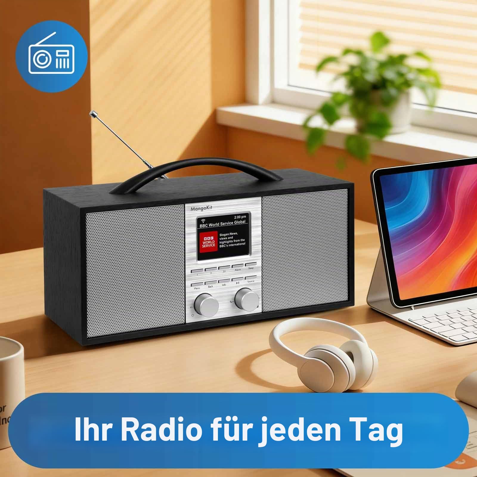 SR40 Internetradio mit Bluetooth, Podcast Player-DAB/DAB+,UKW Stereo Digitalradio, Akku 10+Stunden, 2.0 Lautsprecher,150 Senderspeicher, Radiowecker,Holzgehäuse & Aluminiumgriff-Schwarz