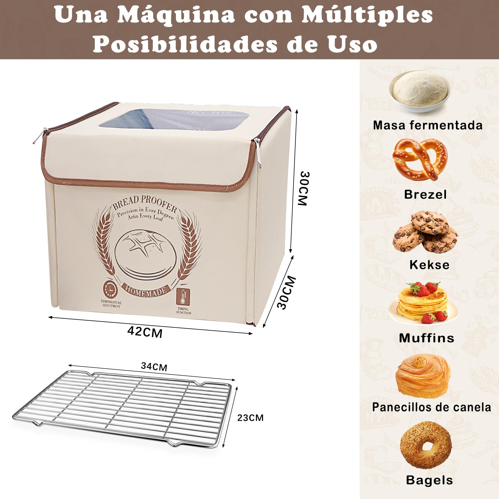 Fermentadora de Masa, Levadura con Calefacción, Caja de Fermentación Plegable con Tapa, Ajuste de Temperatura y Control Tiempo, Armario de Fermentación para el Hogar, Pan, Pizza, Yogur