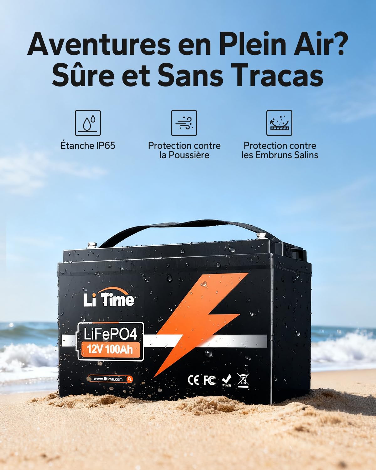 LiTime Batterie Lithium LiFePO4 12V 100Ah Pour Sièges de Camping-Car, 4000-15000 Cycles Profonds, Énergie 1280Wh, sans Entretien pour Caravane, RV, Bateau, Système Solaire, Fourgons, Hors Réseau