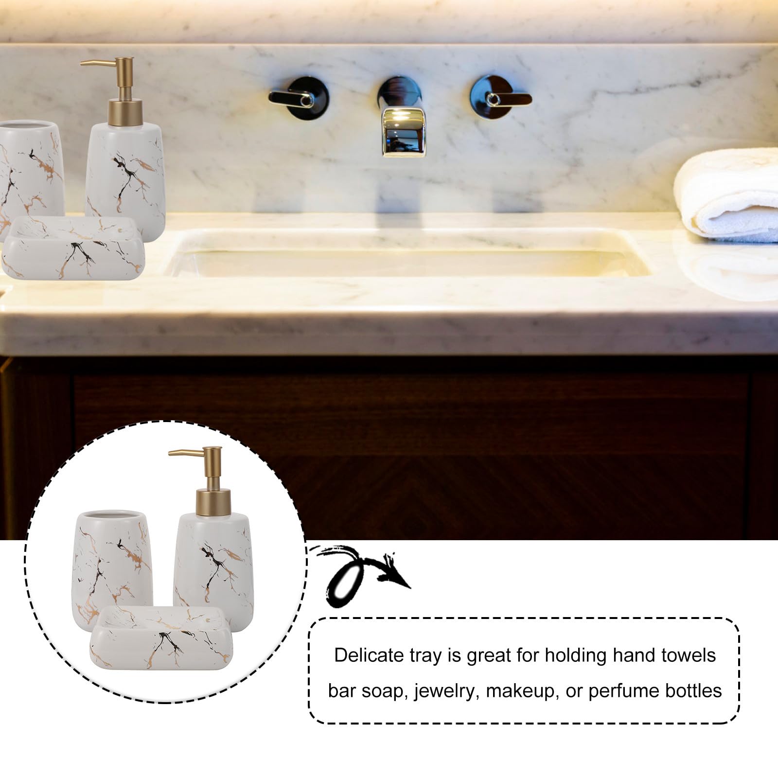 Set di 3 Accessori Bagno in Marmo Lucido Bianco, Contenitore Sapone, Portaspazzolino e Flacone Lozione, Compatto e Portatile per Organizzazione Lavabo e Igiene Quotidiana