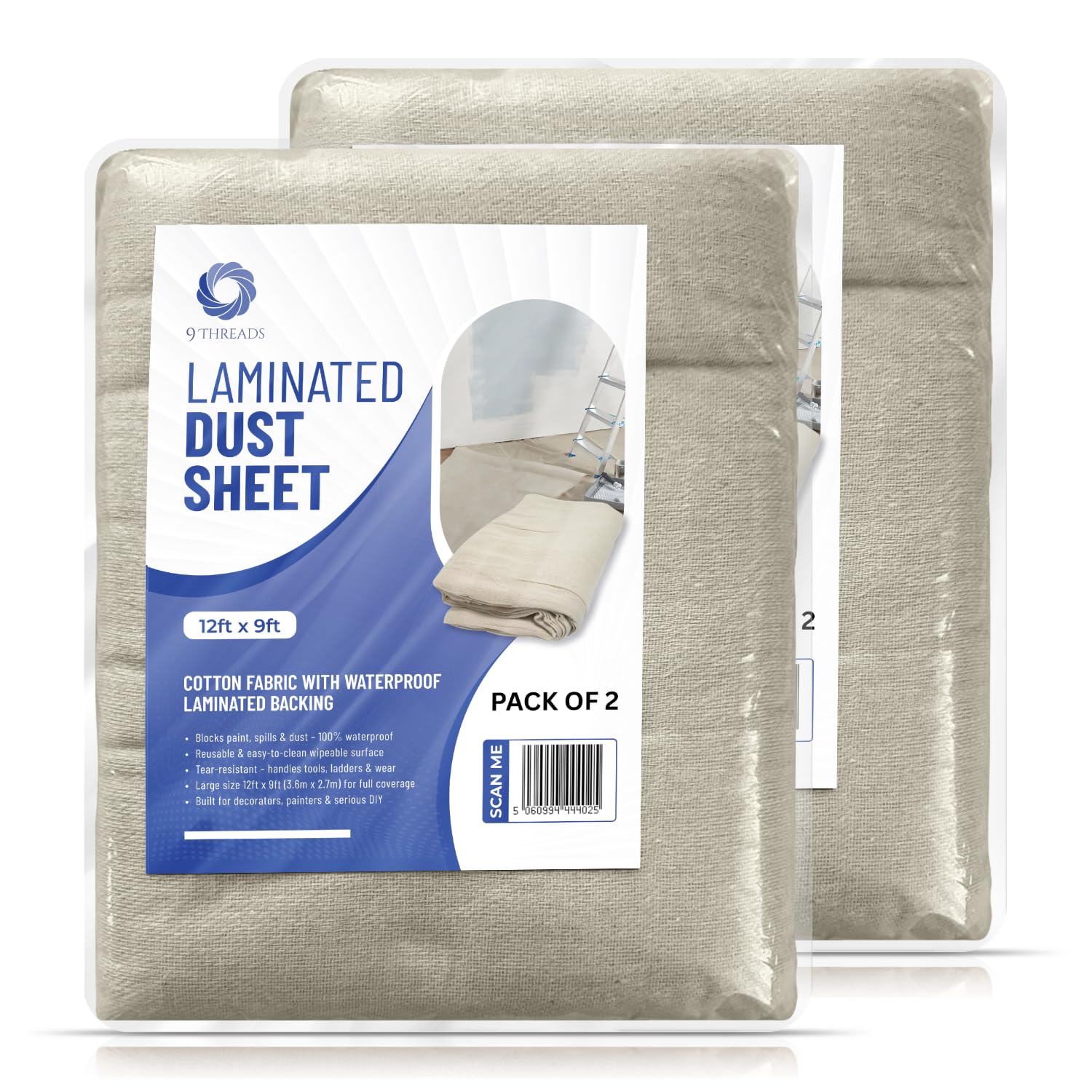 9Threads Laminated Cotton Dust Sheets 12'x9' (3.6m x 2.7m) | Washable & Reusable Drop Cloths for Painting & Decorating | Paint Cover Sheets for Furniture & Floors (Laminated Cotton Pack of 2)
