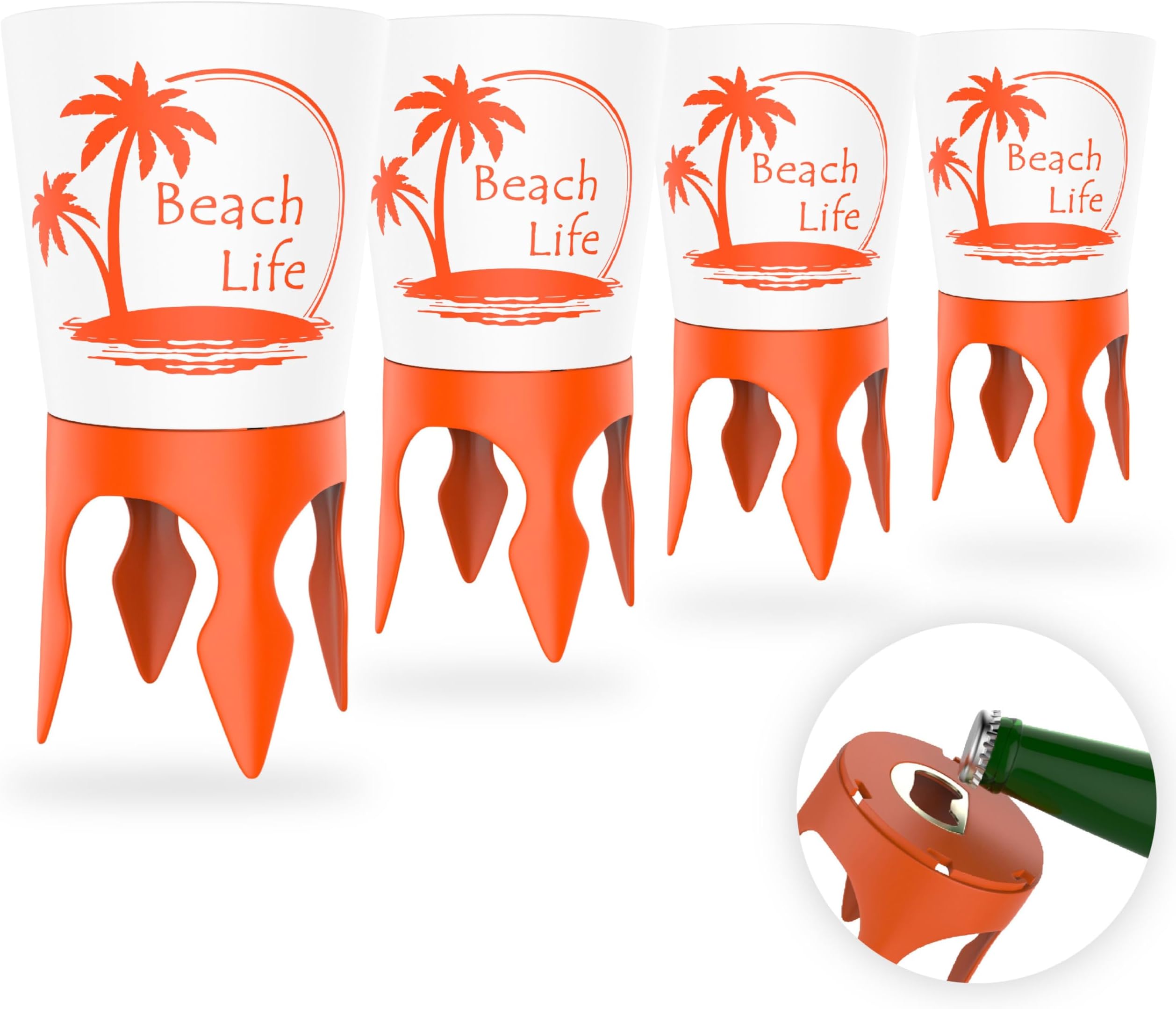4 Beach Cup Holders, Vacation Accessories Drink Holder with Bottle Opener and Spikes, Sand Coaster Spike Cups for Women Men Adults, Beach Lover Gifts Items, Stocking Stuffers