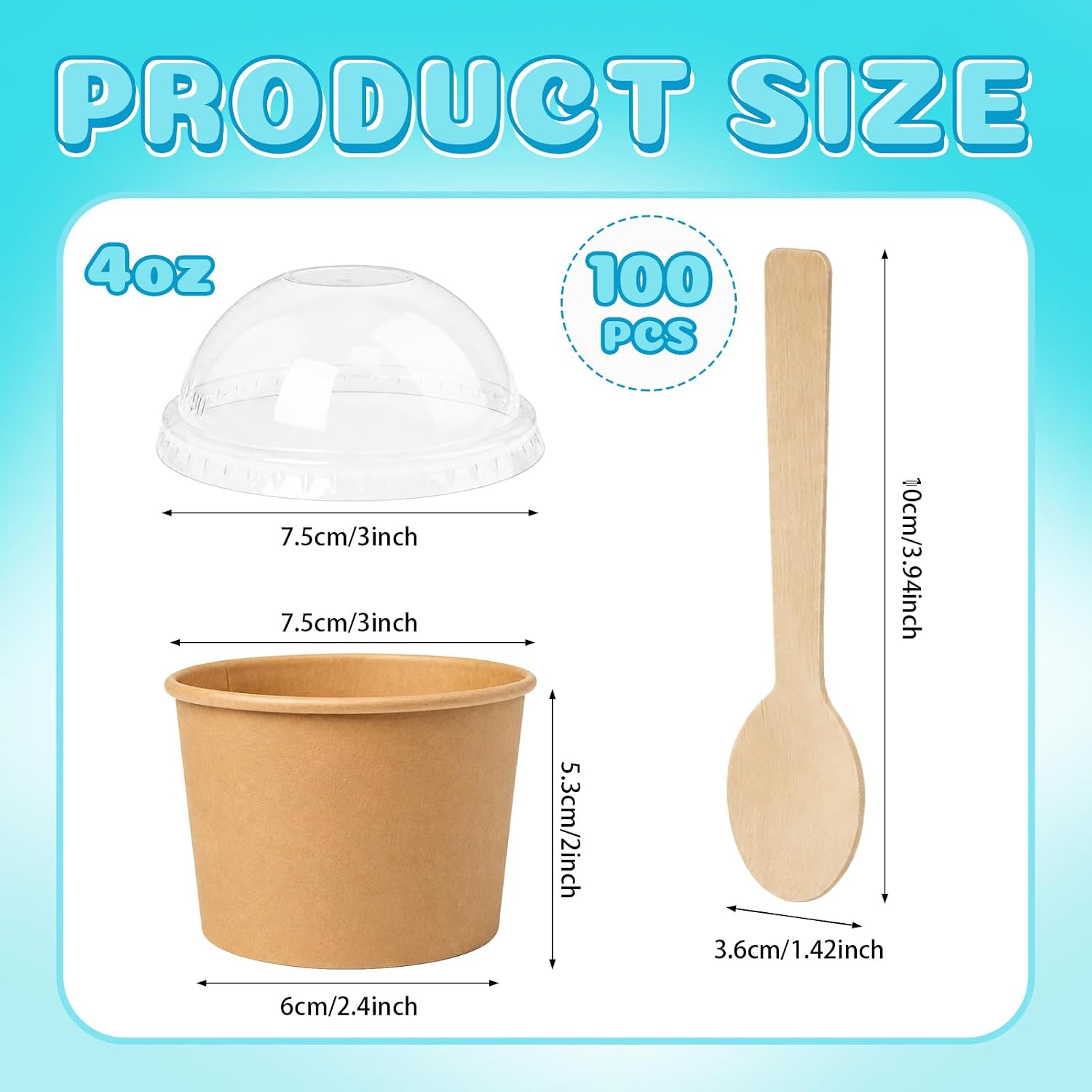 Condition photo showing New/Like New for 100 pcs 4 oz ice cream paper cups with lids and spoons, ice cream sundae bowls for parties, dessert containers for yogurt, pudding, and snacks,stackable small hot cold soup bowls (brown)