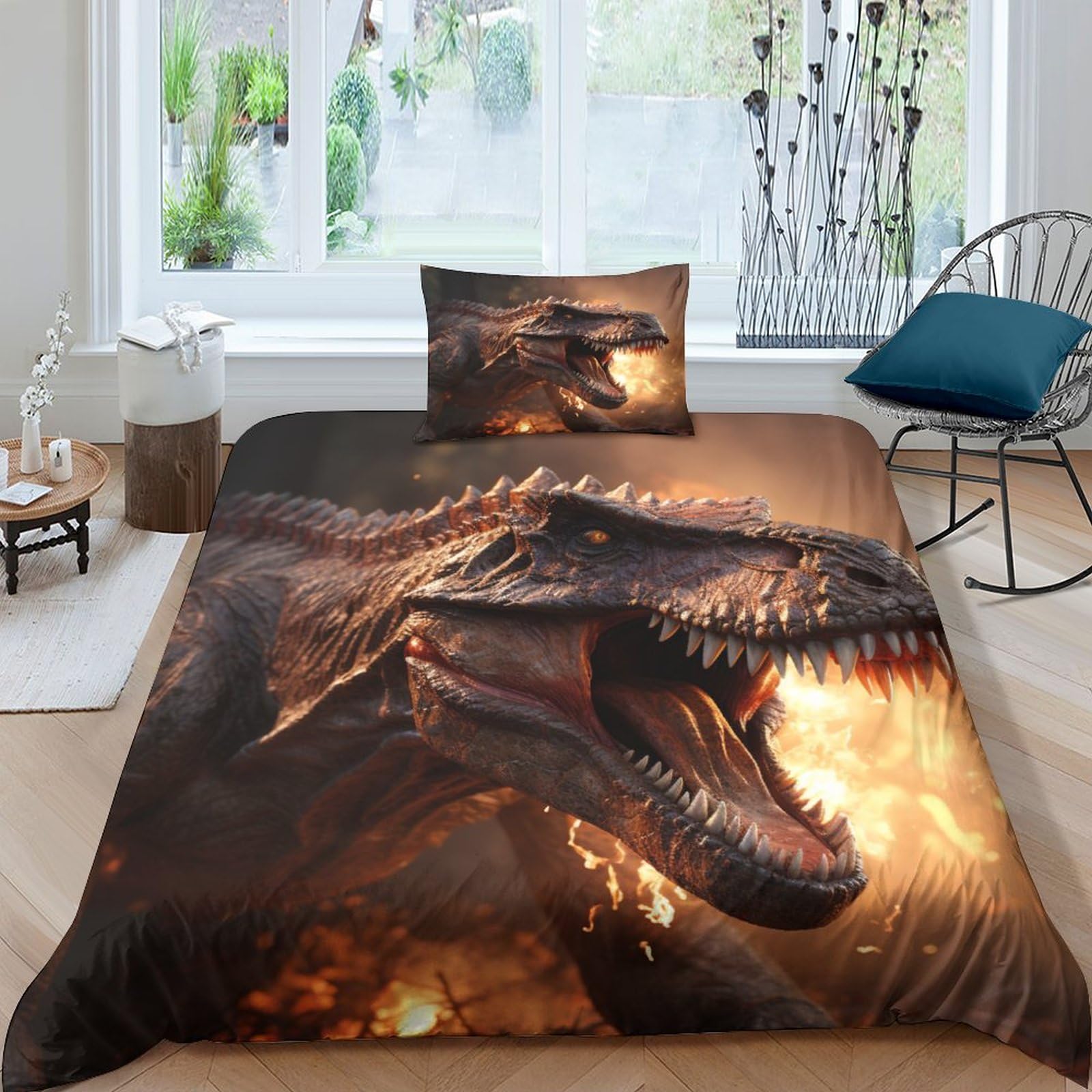 Housses de couettes dinosaure anti-plis et faciles à laver pour lit enfant simple 135x200 cm