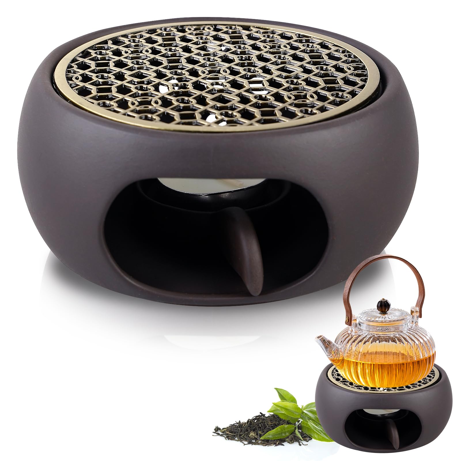 Keramik Stövchen Für Teekanne Mit 3 Kerzen - Teewärmer Mit Kupfermatte