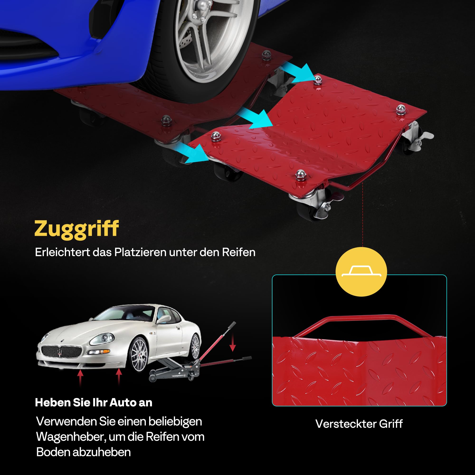 VIVOHOME Rangierroller Set für PKW 4 Stück Rangierhilfe insgesamt 2720kg Tragkraft, Mobiler Wagenheber aus pulverbeschichtetem Stahl für Auto PKW Lastwagen Motorrädern