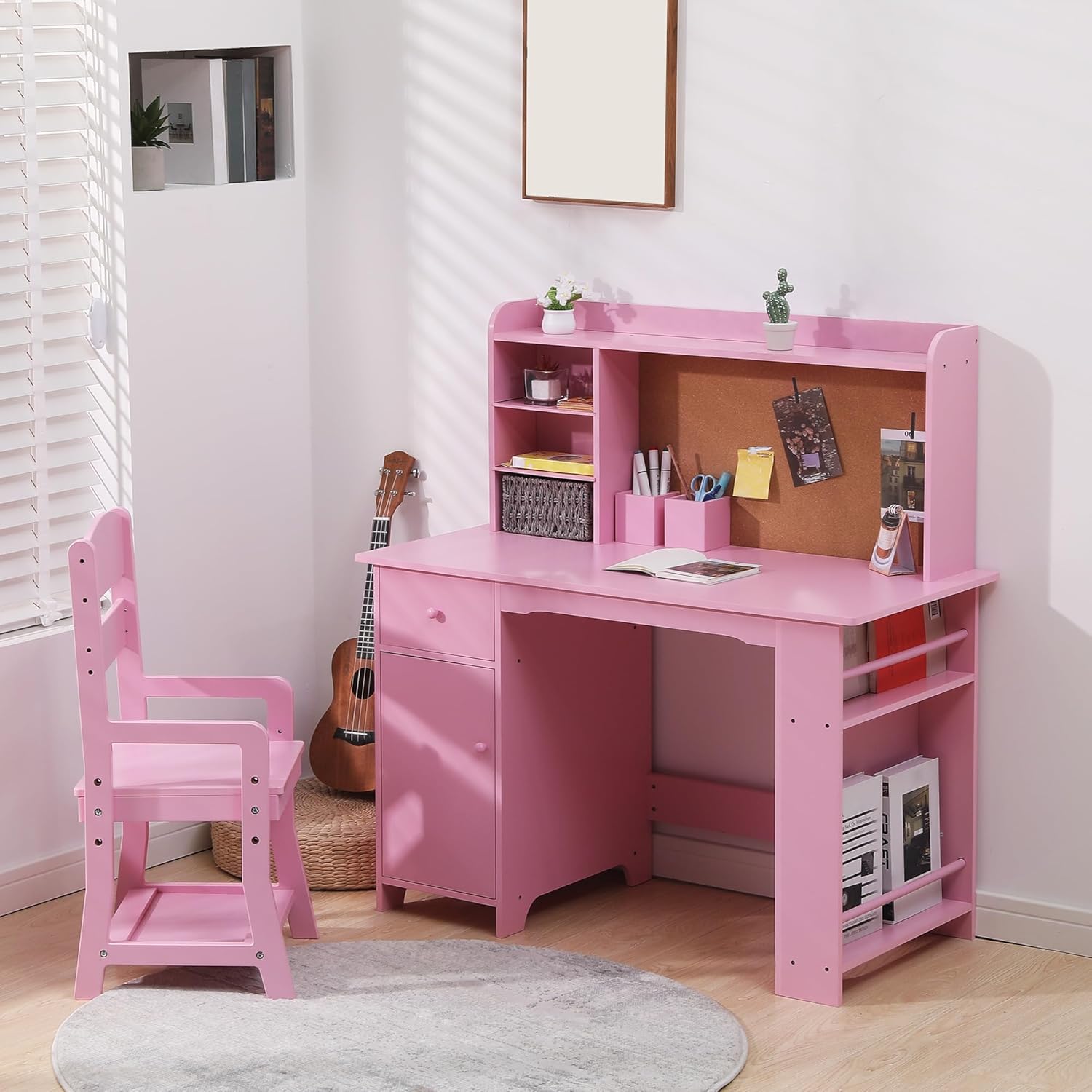 GAOMON Kids Desk and Chair Set, Study Desk and Chair Set,Wooden Study Desk with Bookshelf, Bulletin Board, Cabinet & Drawer,Pink Children’s Writing Table