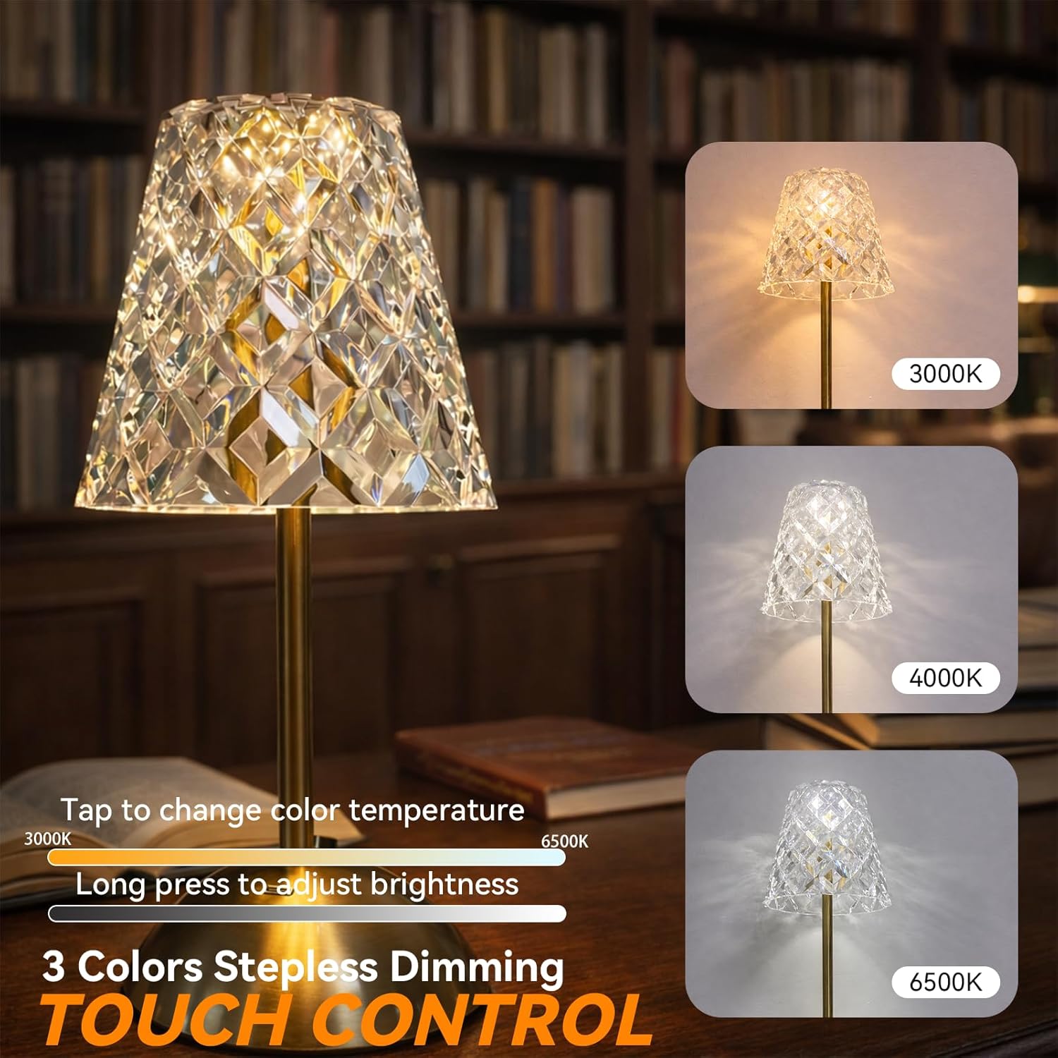 Pleated Crystal Cordless Table Lamps - Ambient Decor, 2000mAh Rechargeable, Touch Control, 3 Colors Stepless Dimming for Home & Camping (Transparent Diamond Pattern)