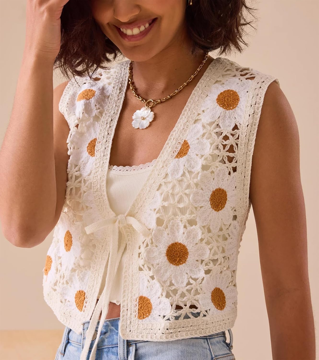 Women Y2K Crochet Knit Vest Cute Tie Front Tank Top Sleeveless V Neck Crop Hollow Out Sweater Vest Going Out Tops - Image 2