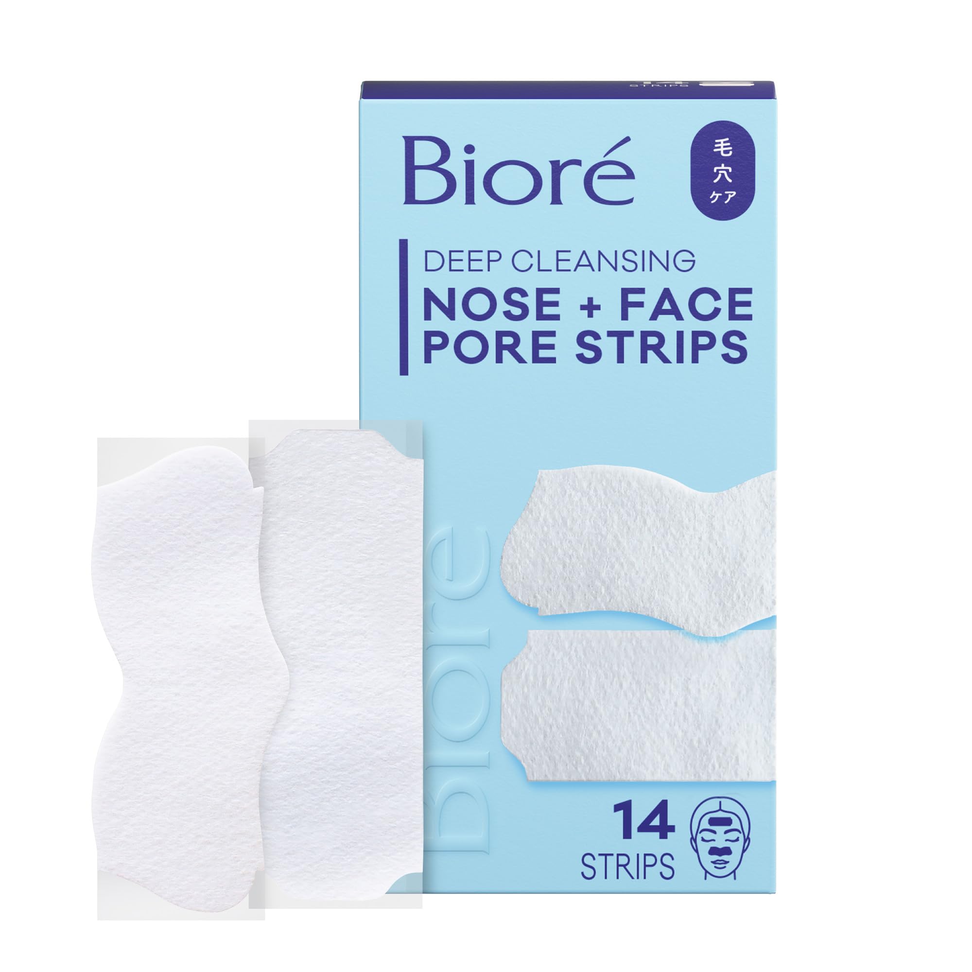 Biore Nose+Face, Deep Cleansing Pore Strips, 7 Nose + 7 Chin or Forehead, with Instant Blackhead Removal and Pore Unclogging, 14 Count, Oil-free, Non-Comedogenic Use