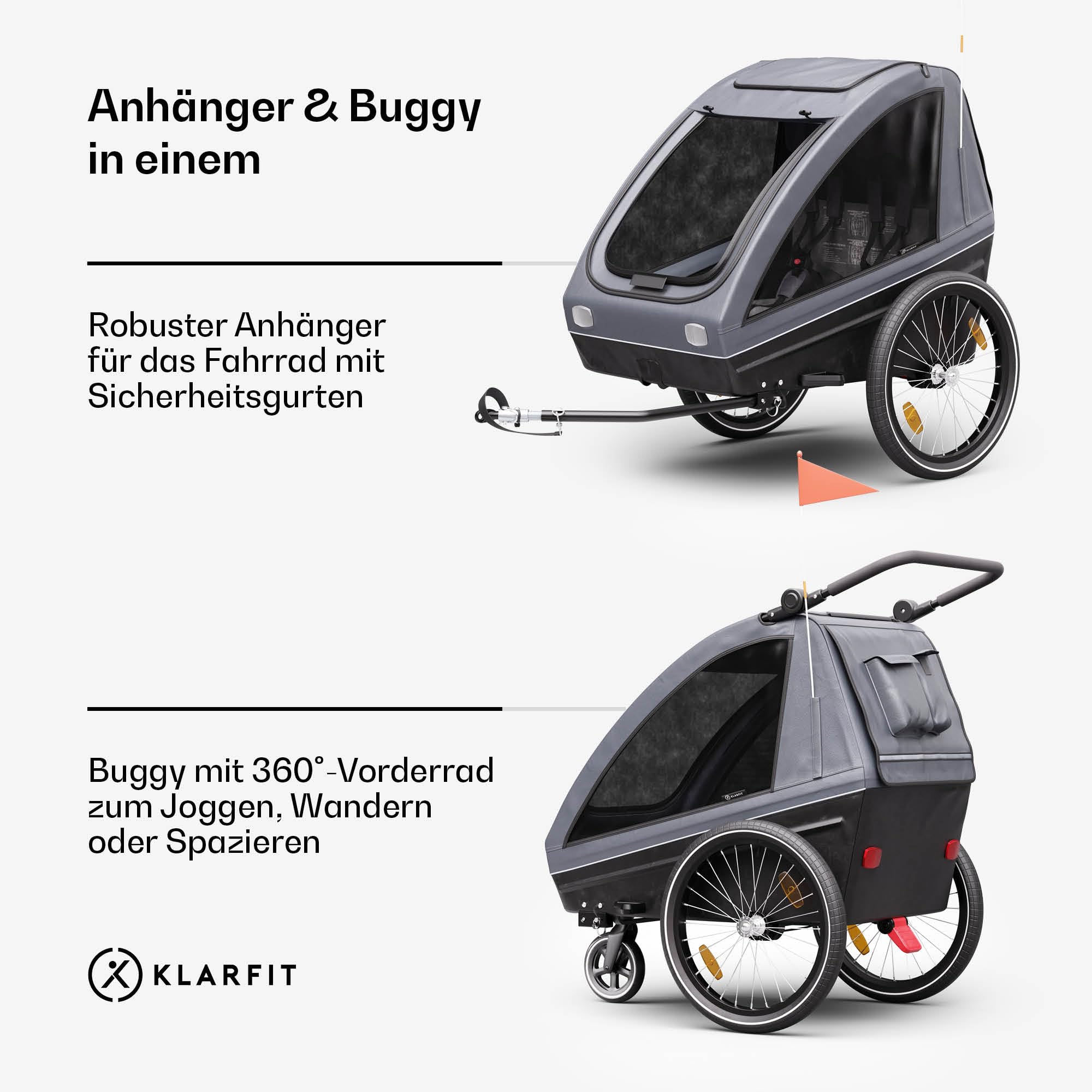 Klarfit GoKiddo Fahrradanhänger 2 Kinder - 2-in-1 Fahrradanhänger & Buggy mit Bremsen, Sicherheitsgurten, Verstellbaren Sitzen, 40kg Kapazität, Regen & UV Schutz, Zusammenklappbar, Dunkelgrau