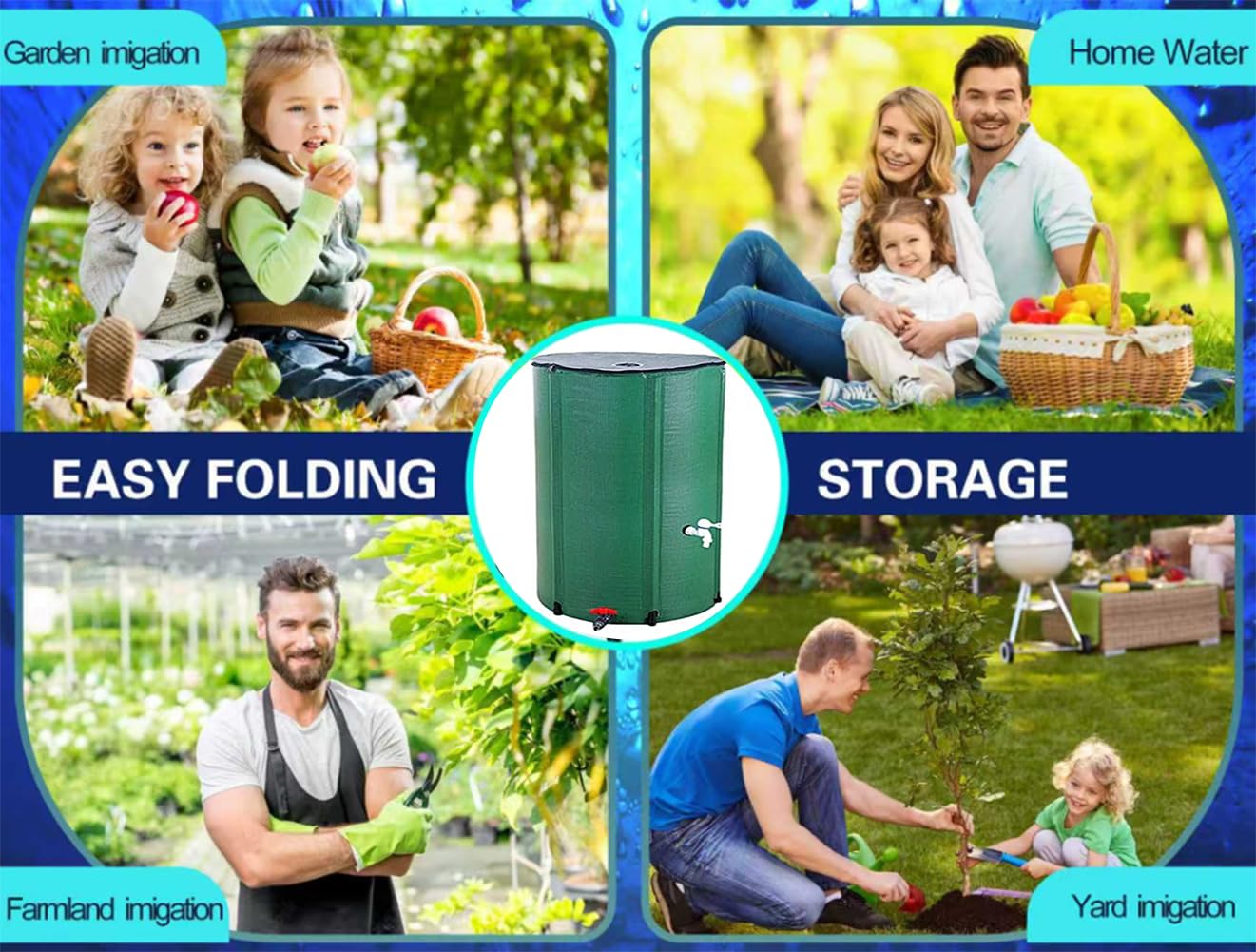 Barril de lluvia plegable con espigas y desbordamiento, tanque de recogida de agua de lluvia de 380 L para jardín al aire libre, solución de almacenamiento de agua para canalón