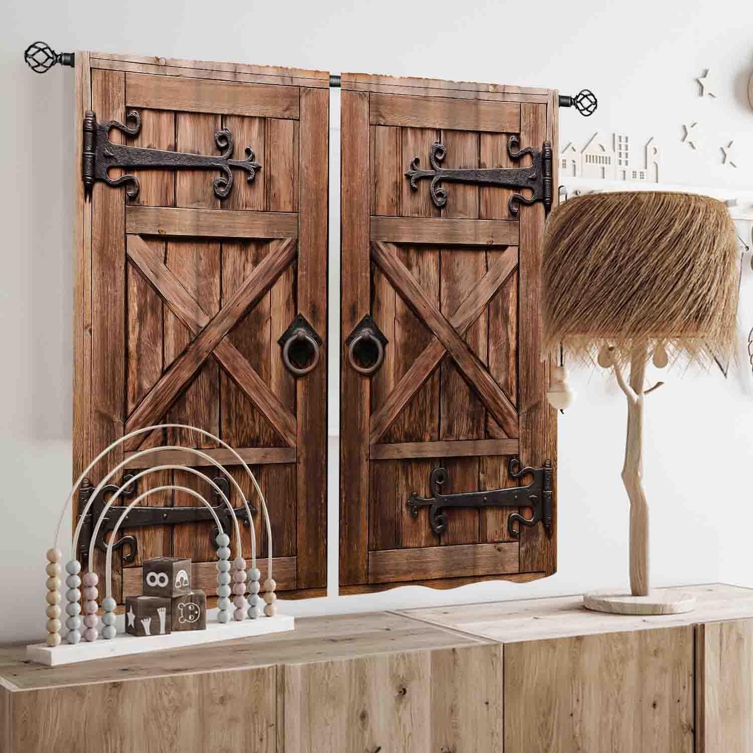 Wooden Barn Door Curtains, Rustic Brown Wood Board Farmhouse Country Cottage Western Barnwood Garage Gate Drapes Window Curtains for Living Room Bedroom Kitchen 2 Panels, 42"x45" Inch image 2