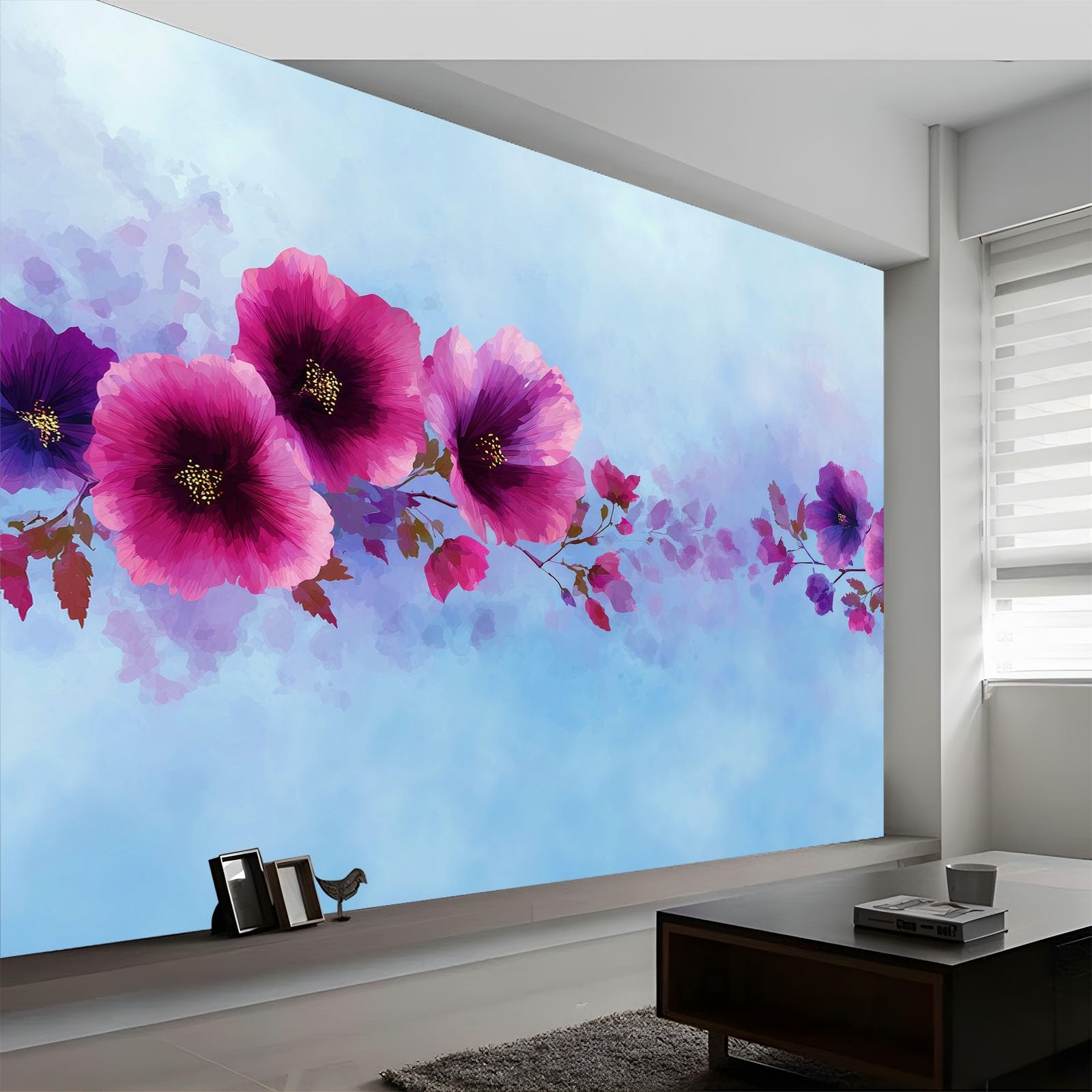 Generisch Panoramiczna tapeta minimalizm, ręcznie malowana kwiaty, różowa tapeta z włókniny, tapeta ścienna do biura, korytarza, sypialni, salonu, dekoracja ścienna – 250 x 175 cm (szer. x wys.)