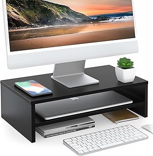 Fitueyes モニター台 モニタースタンド 机上台 PC台 42.5cm横幅 木製天板 二段式PC台卓上 デスクトップ用 机上 机上ラック 机上台 pcモニター台 パソコンラック 卓上 収納 整理整頓ブラックDT204201WB