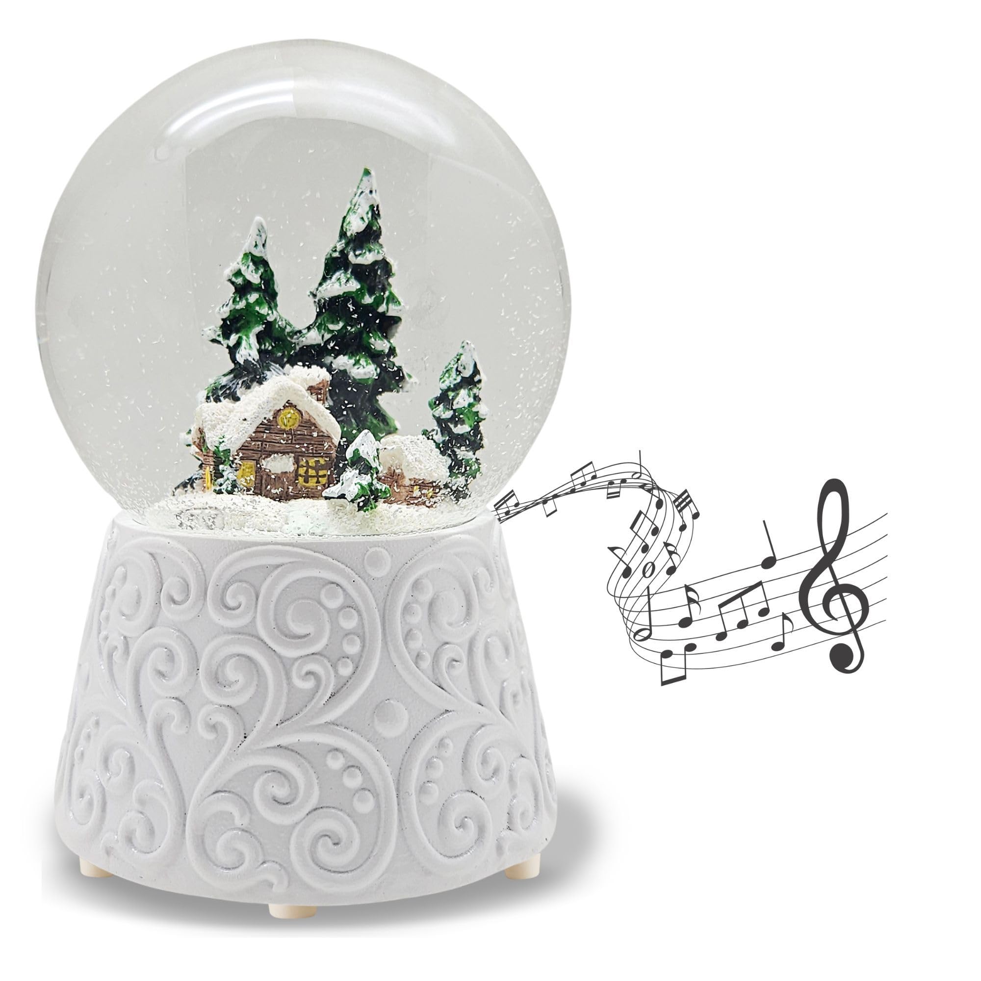 Schneekugel Spieluhr Weihnachten | Hüttenzauber Winterhütte Berghütte | Sockel weiß Nostalgie | Höhe: 140mm, Durchmesser 100mm | Schüttelkugel Weihnachtsdekoration | 20326