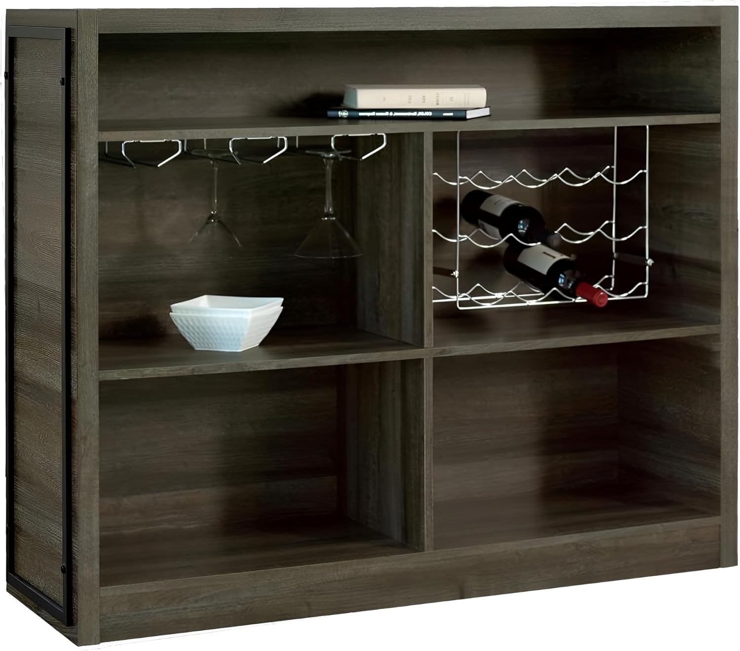 CARTESIAN Modern Home Bar Cabinet with Wine Storage, Rustic Gray Wood, Metal Footrest, Stemware Rack, 5 Shelves