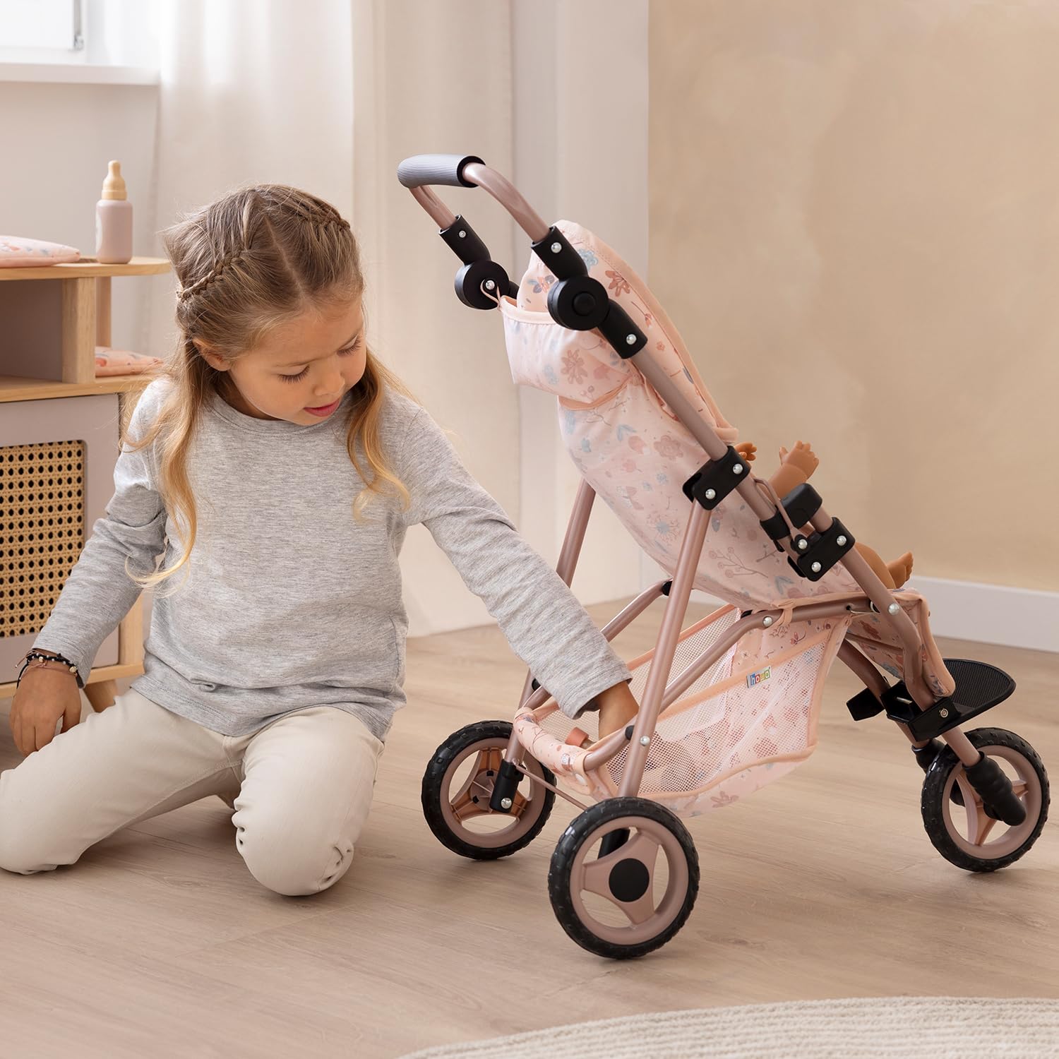 howa Puppenbuggy „miniflowers“ – eleganter Puppenwagen - Jogger für Puppen bis 50 cm, Puppenjogger mit höhenverstellbaren Schiebegriff 2260