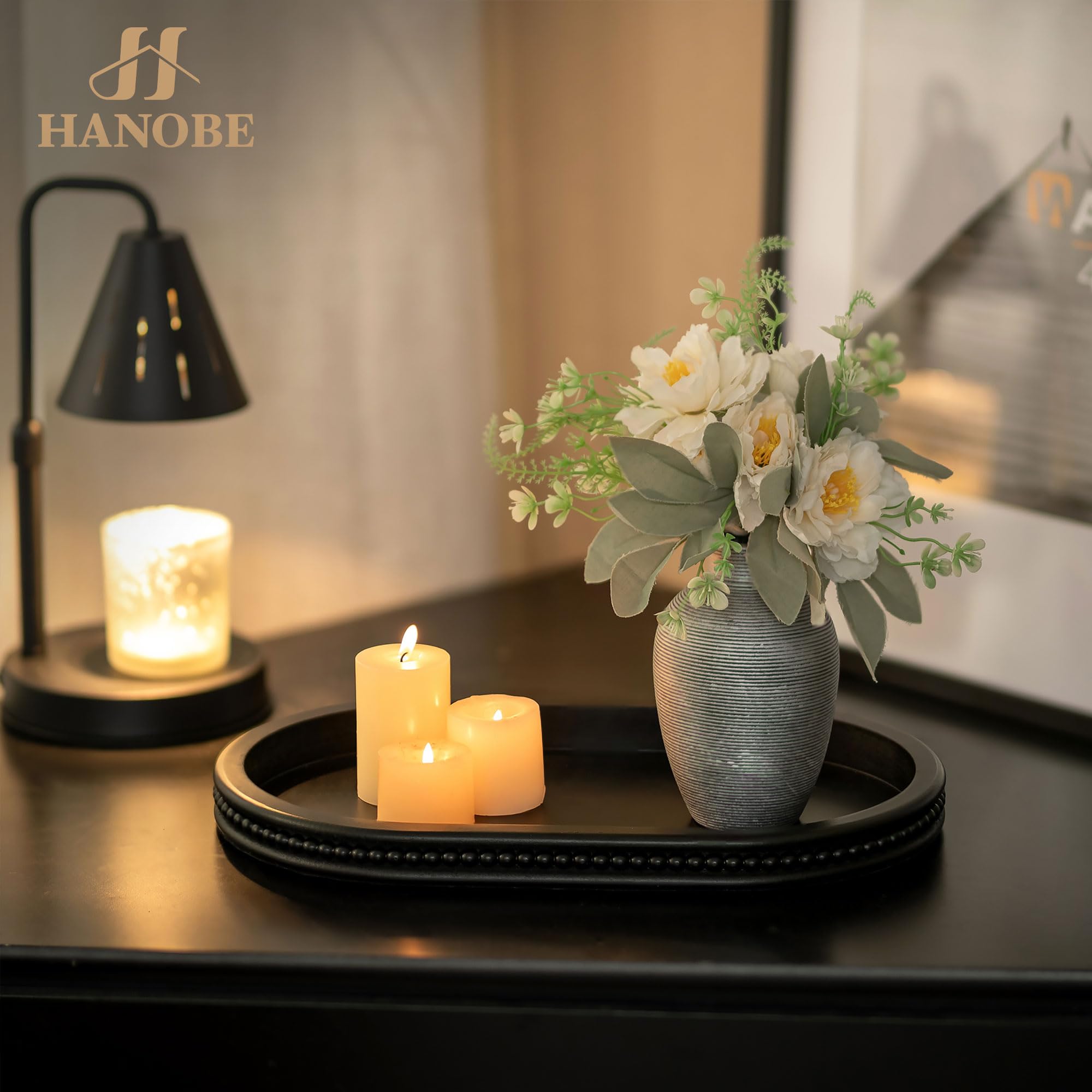 Hanobe - Bandeja decorativa de madera, ovalada, negra, con cuentas, para café y decoración de centro de mesa, diseño moderno, para expositor de encimera