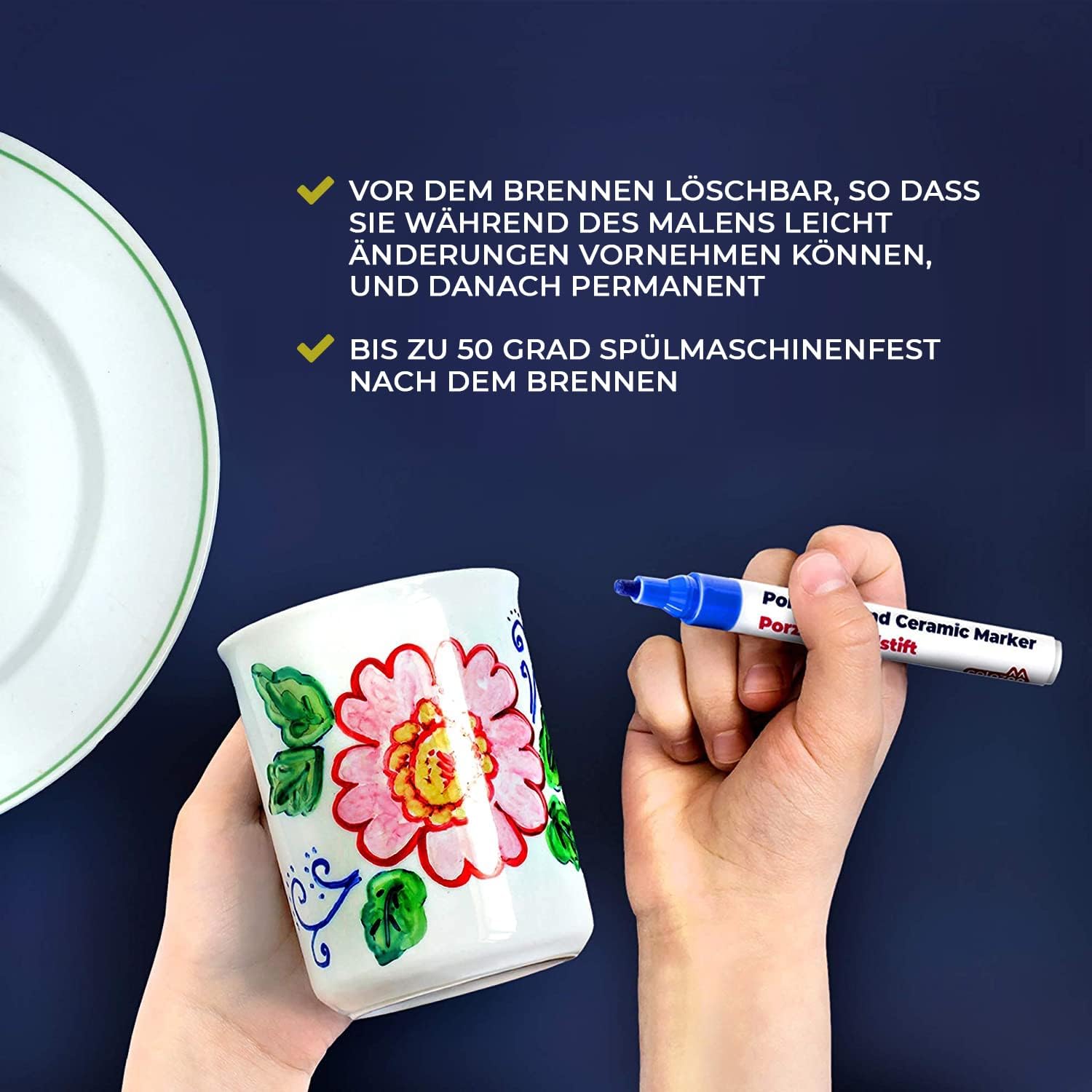 colozoo Glas und Porzellanfarbe & Porzellanstifte Set für Kinder & Hobby-Künstler | 24-teiliges Kreativset inkl. Glitzer & Metallic | Spülmaschinenfest & Wasserfest