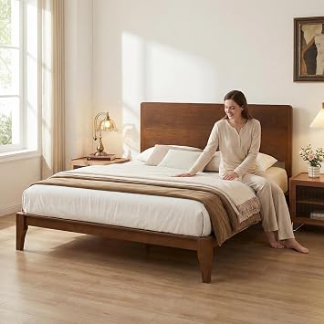 Queen Size Bamboo Platform Bed, Mid-Century Modern Brown Bed Frame