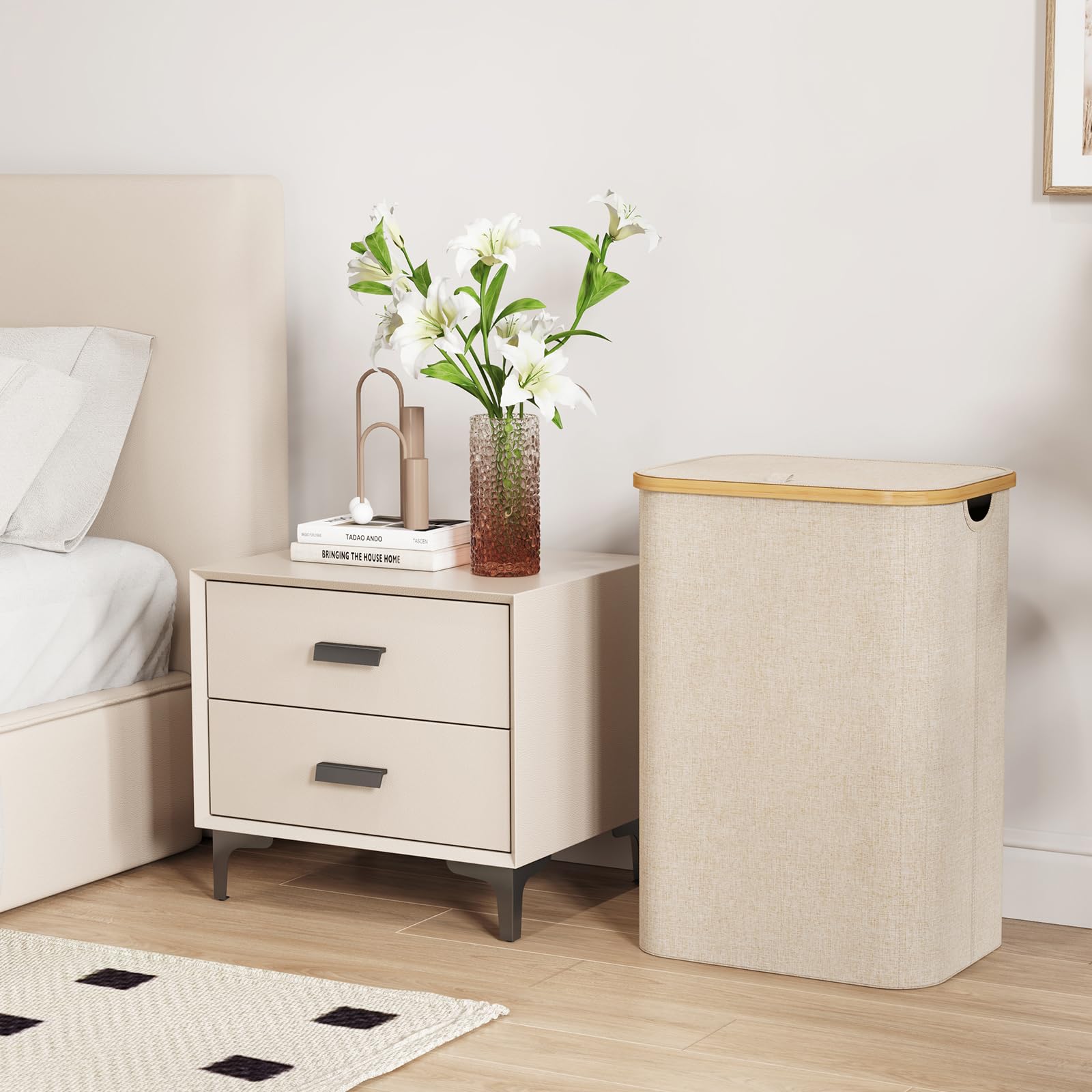 Lifewit 80L Laundry Basket with Lid, Dirty Clothes Bin with Bamboo Handles and A Removable Bag - Image 3