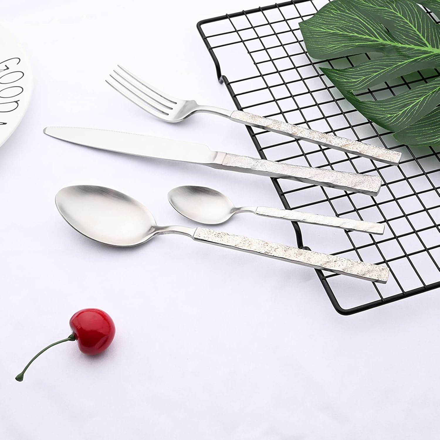 24-Piece Stainless Steel Square Edge Flatware Set Service for 6, Silver Mirror Polished Hammered Silverware, Tableware Cutlery Set Includes Dinner Knives/Forks/Spoons, Modern Design, Dishwasher Safe