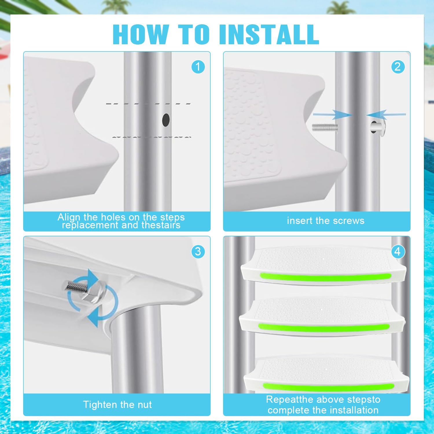 3 Pack Pool Ladder Steps Replacement,18" Universal Heavy Duty Pool Ladder Steps,Swimming Pool Ladder Steps for Inground Pools & Above Ground Pool with 6 PCS Bolts and 3 Reflective Strips