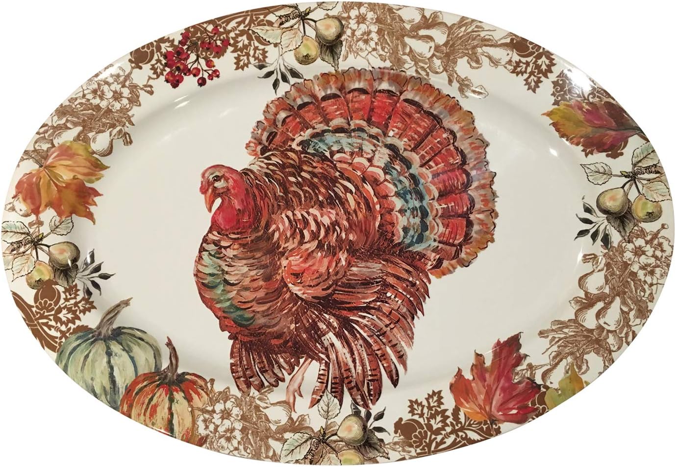 Fall Harvest Thanksgiving Turkey Heavyweight Melamine Oval Serving Platter, 20-Inch x 14-Inch
