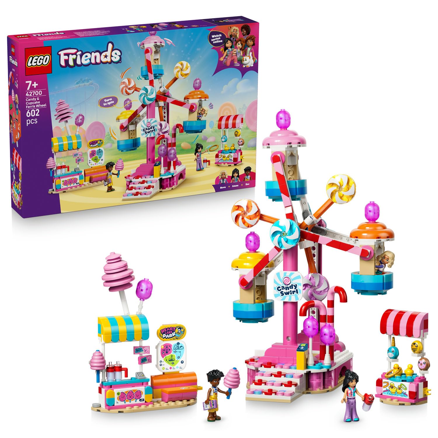 LEGO Friends Şeker ve Kapkek Dönme Dolabı 42700-7 Yaş ve Üzeri Kız ve Erkek Çocuklar için Nova, Zac ve Liann Mini Bebekler İçeren Yaratıcı Oyuncak Yapım Seti, Doğum Günü Hediyesi Fikri (602 Parça)