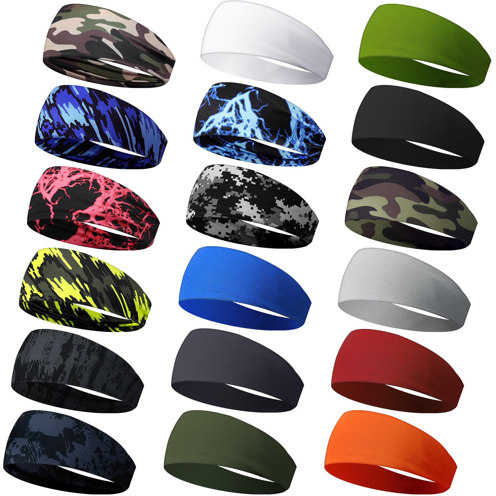 Wavyknot18 Pcs Sports Sweatbands for Men Women Camo Headbands Workout Non Slip Headbands Breathable Head Band Fitness Stretchy Unisex Hairband for Yoga Running Cycling Ball
