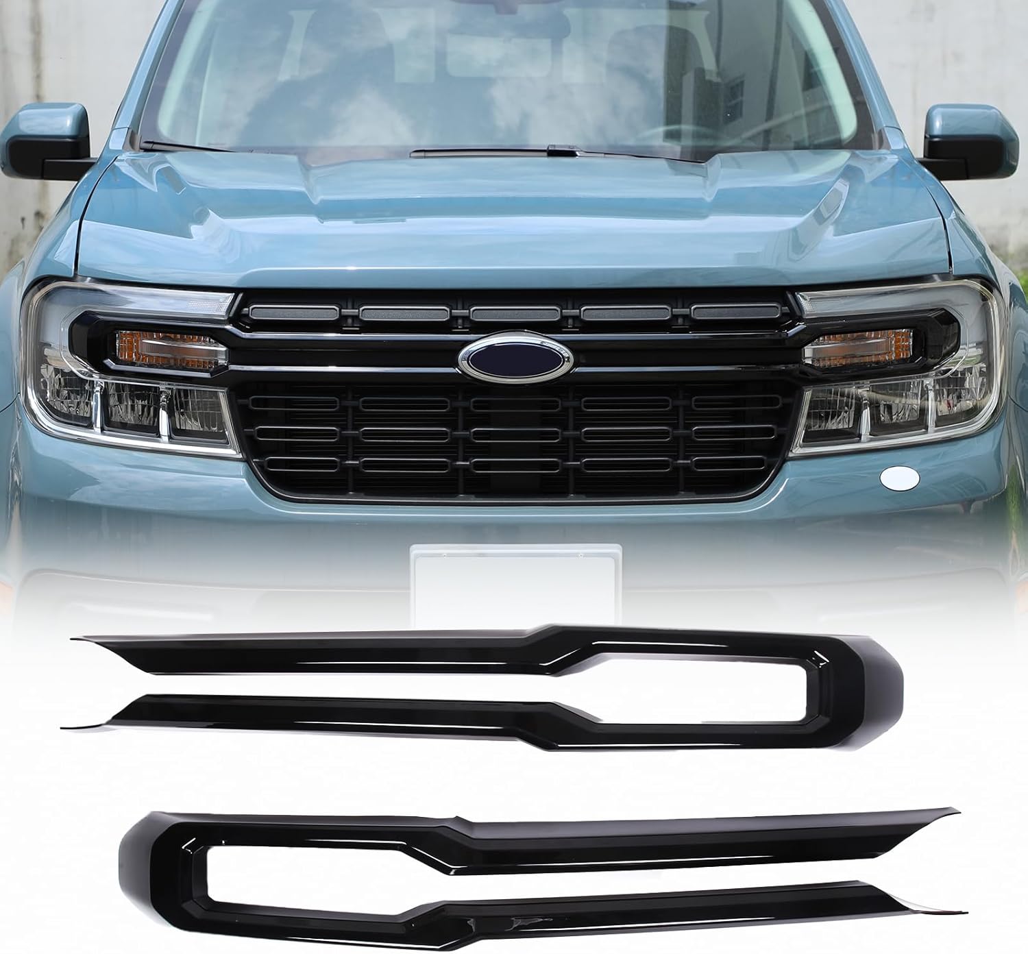 Car Front Bumper Grille Strip Frame Compatible with Ford Maverick 2022 2023, ABS plastic Front Grille Cover trim, Maverick Accessories 2 PCS (glossy black)