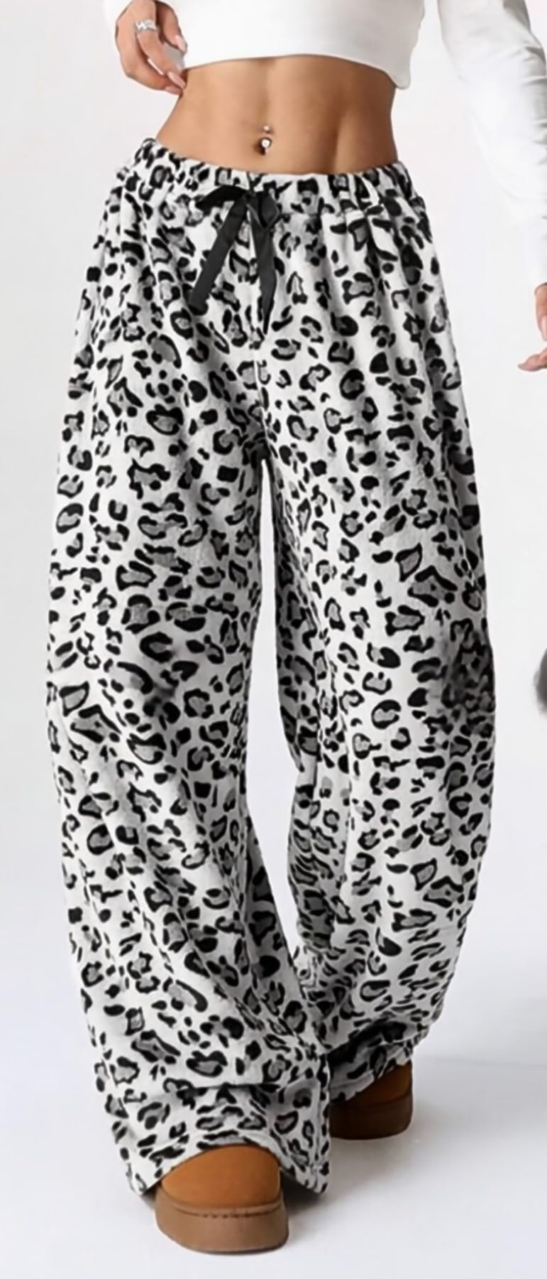 WINKEEY Mujer Pantalones de Pijama Largo Peludo Leopardo Pantalon Pijama Mujers Suaves Cómodas Partes de Abajo de Pijamas Otoño Invierno