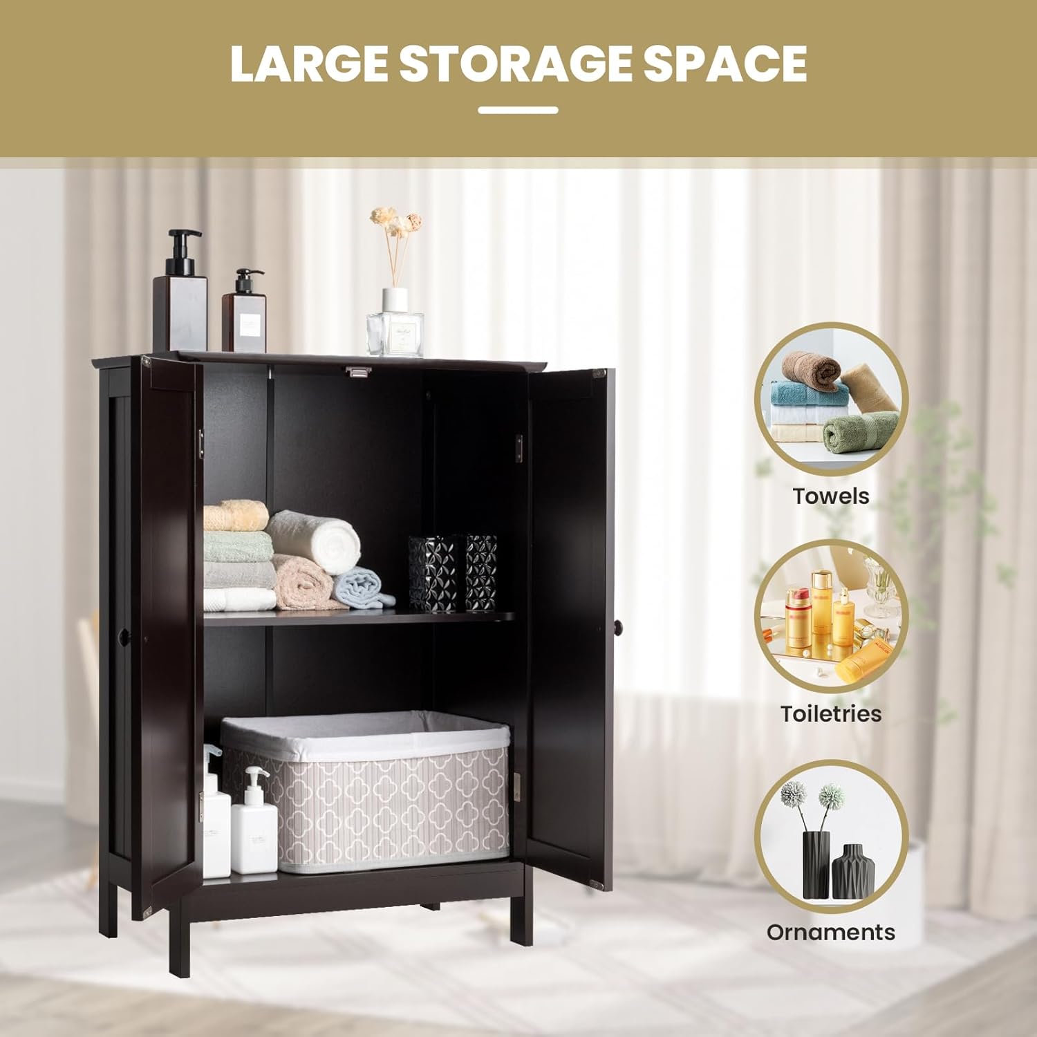 LDAILY LUARANE Bathroom Floor Cabinet, Wooden Floor Storage Cabinet with Double Doors, Simple Double Storage Cabinet, Suitable for Kitchen, Bathroom, 23.5 x 14 x 34 inches (Brown)