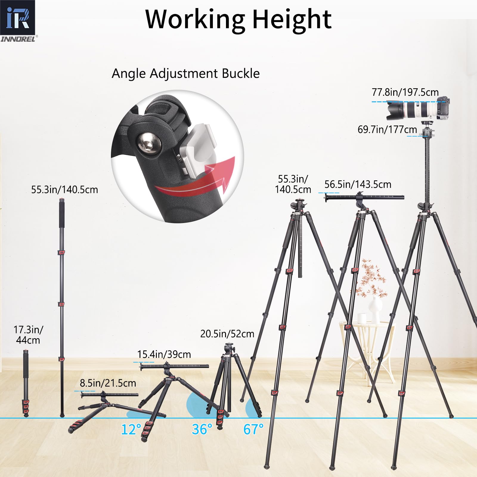 Trípode Horizontal INNOREL YT284A con Columna Central Multi-Angulo Giratoria,Tubo de 29mm Monopié Trípode Profesional para Cámara Digital DSLR Vídeo Videocámara sobre la Cabeza Carga 20kg