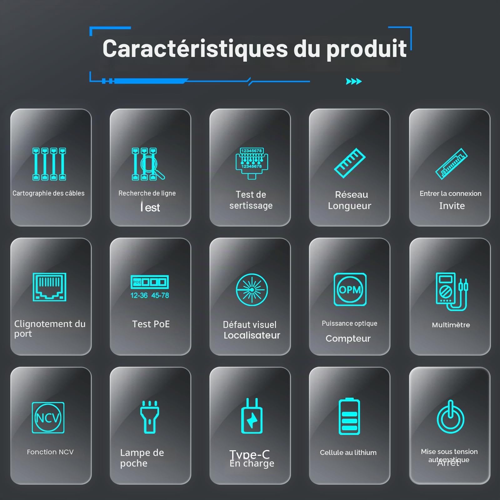 Testeur de Câble Réseau Compteur de Puissance Optique Multimètre VFL 4 EN 1, Traqueur de fil RJ45 CAT5 CAT6 CAT7 CAT8 Test UTP STP QC Longueur du Câble Scan Mapping Port Flashng Testeur POE