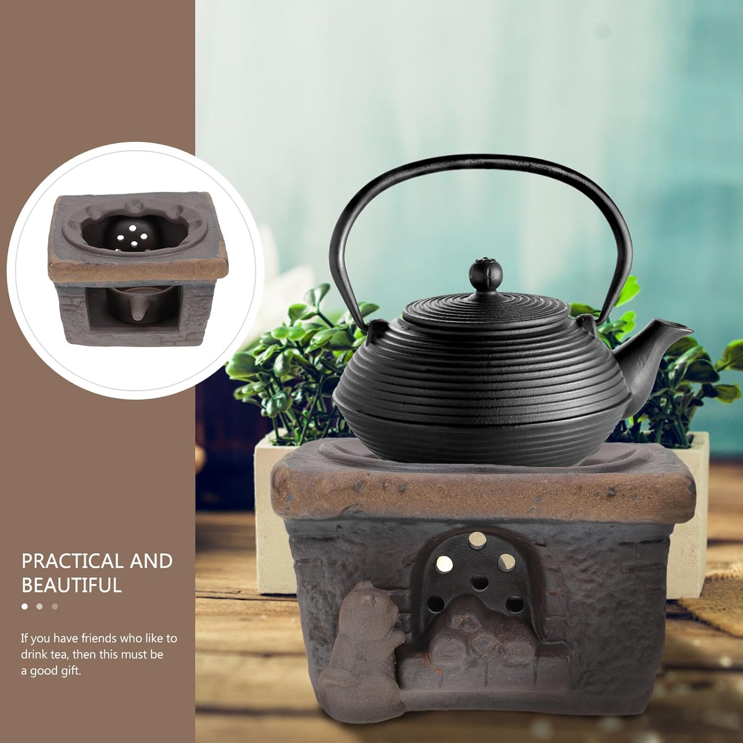 Ceramic Teapot Warmer Base Retro Household Tea Heater with Creative Desktop Decoration for Living Office Tea House Cat Design
