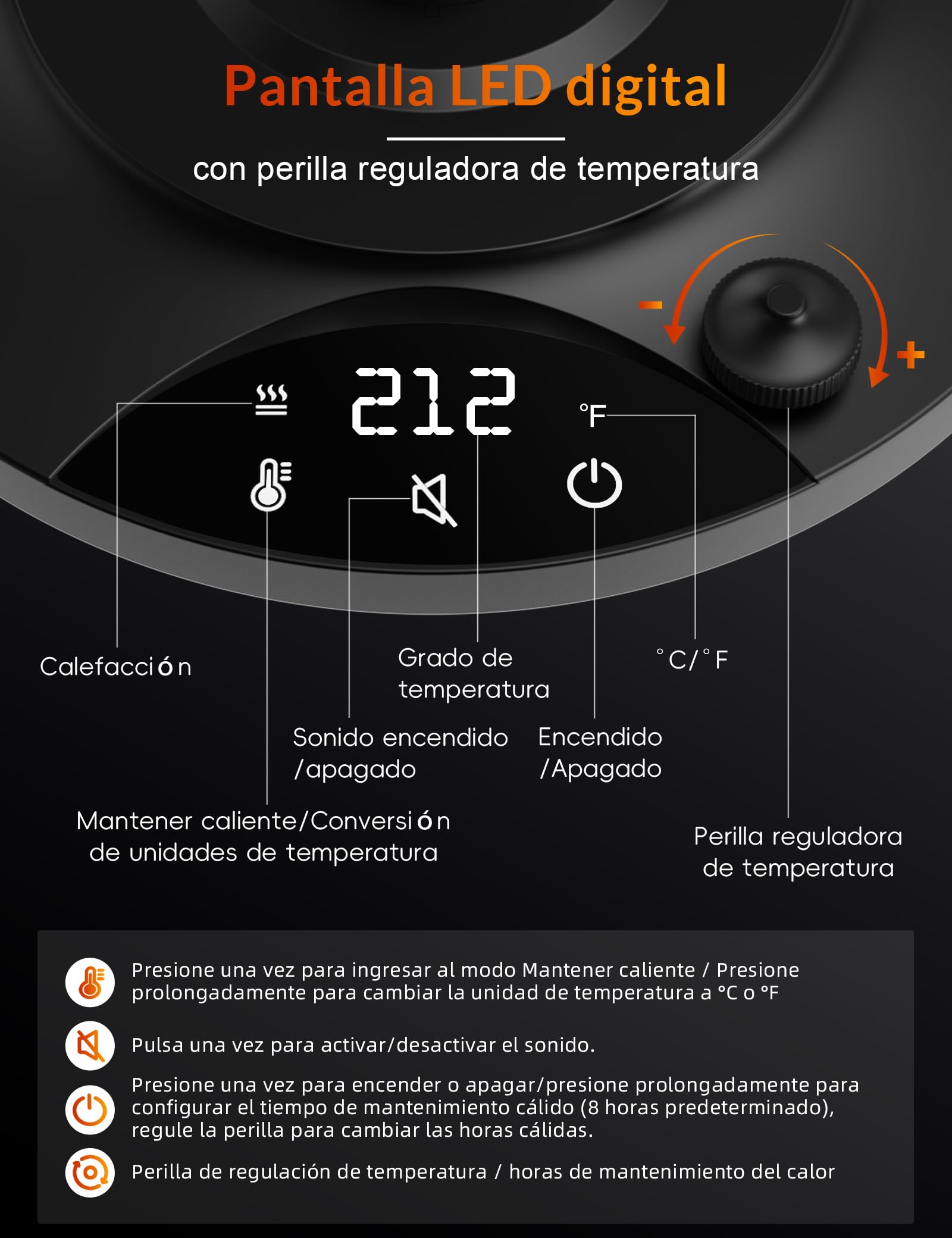 Hervidor de agua de acero inoxidable con ajuste de temperatura, hervidor de cuello de cisne, 24-horas tetera eléctrica con indicador de temperatura, hervidor de café, 0,9L, 1200W