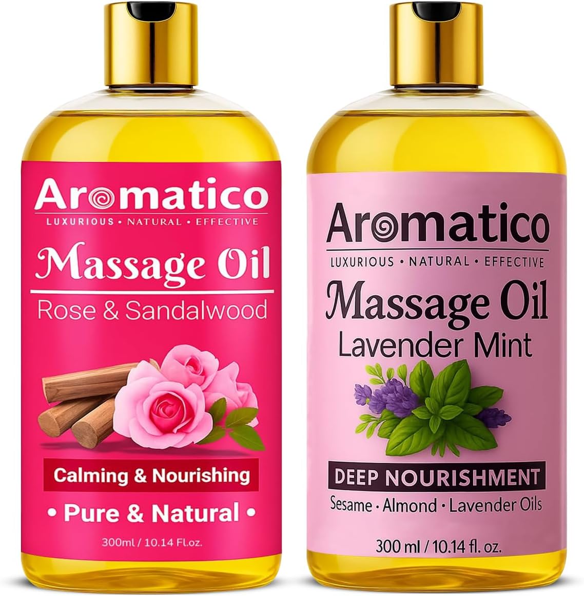 AROMATICO Rose Sandalwood & Lavender Mint Massage Oils Pack of 2. For Mood Upliftment, Soothing Aroma, Muscle Relaxation & Skin Nourishment, 100% Natural, Non-Sticky - 300ml