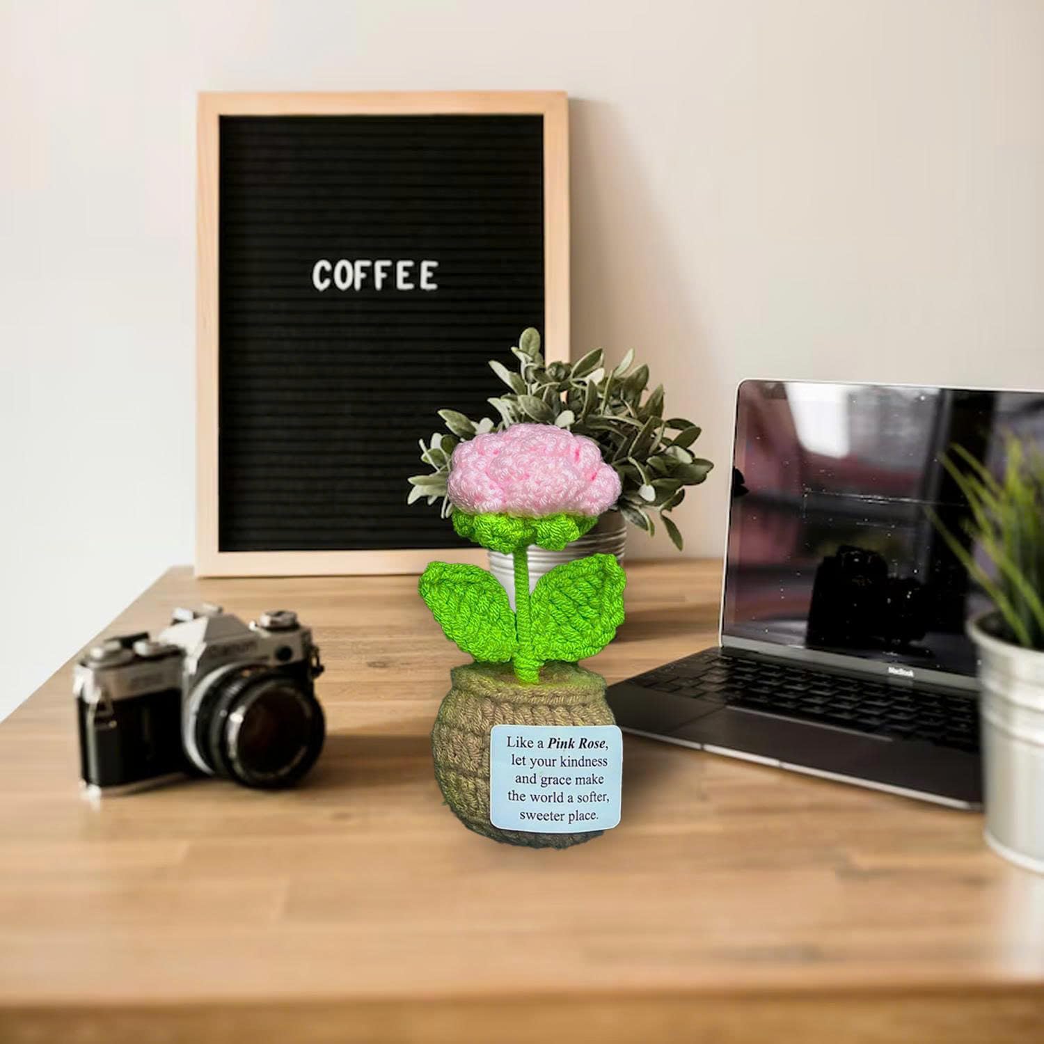 Handmade Crochet Flower Pots with Card | Decor, Gift, Appreciation for Women, Best Friends, Teachers, Coworkers | Perfect for Birthday, Christmas, Mother’s Day, Special Occasions (Pink Rose)