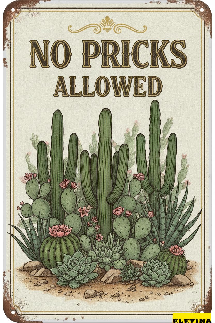 No Pricks Allowed Garden Tin Sign, 8x12 Inch Decor